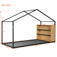 Twin Size Metal Bed House Bed Frame With Shelves And Lights, Black Twin Black Metal & Wood