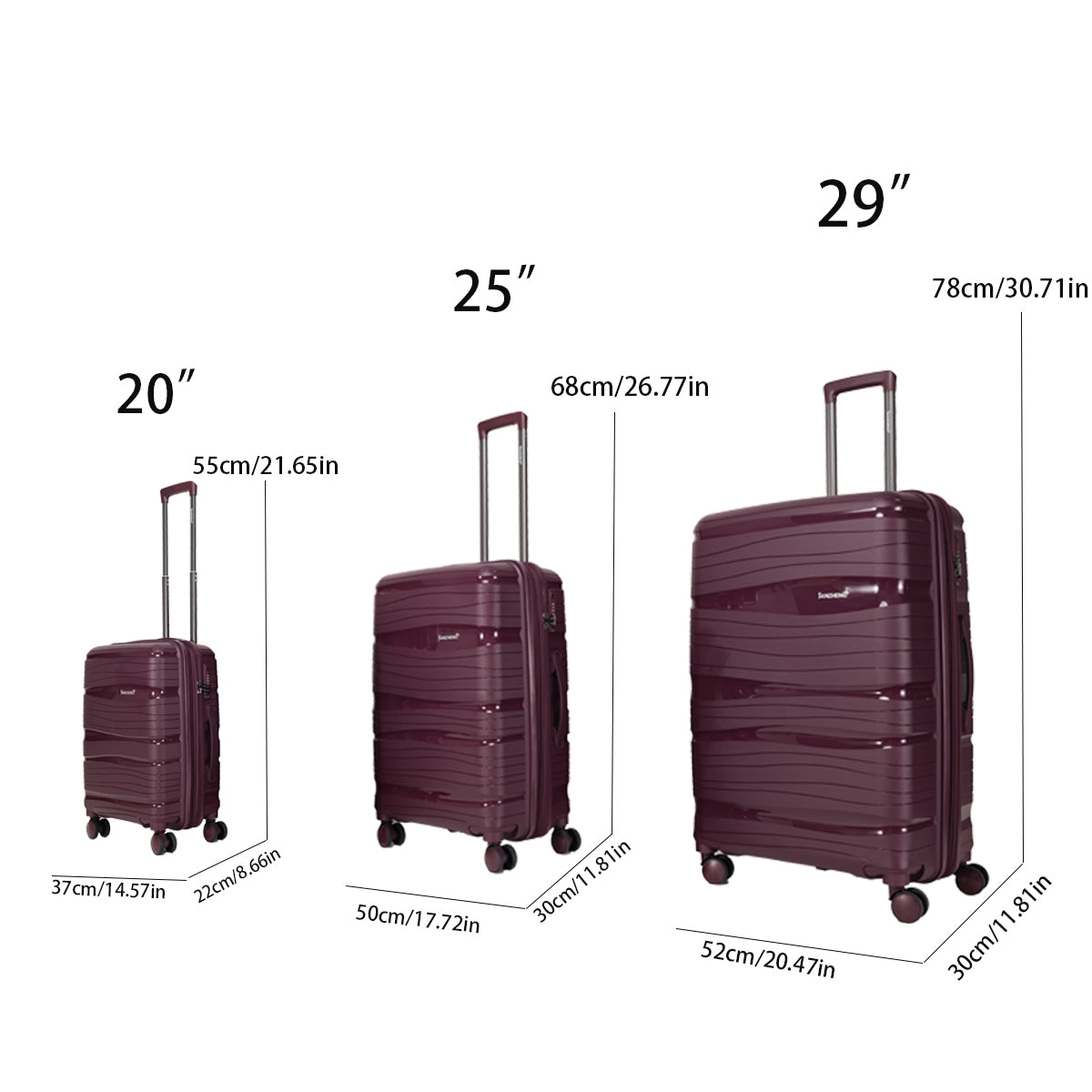 Pp Material Three Piece Luggage Set, Expandable, Lightweight Hard Luggage With Swivel Wheels And Password Lock, Stylish Luggage Set 20 Inches, 25 Inches, 29 Inches Dark Purple Polyethylene