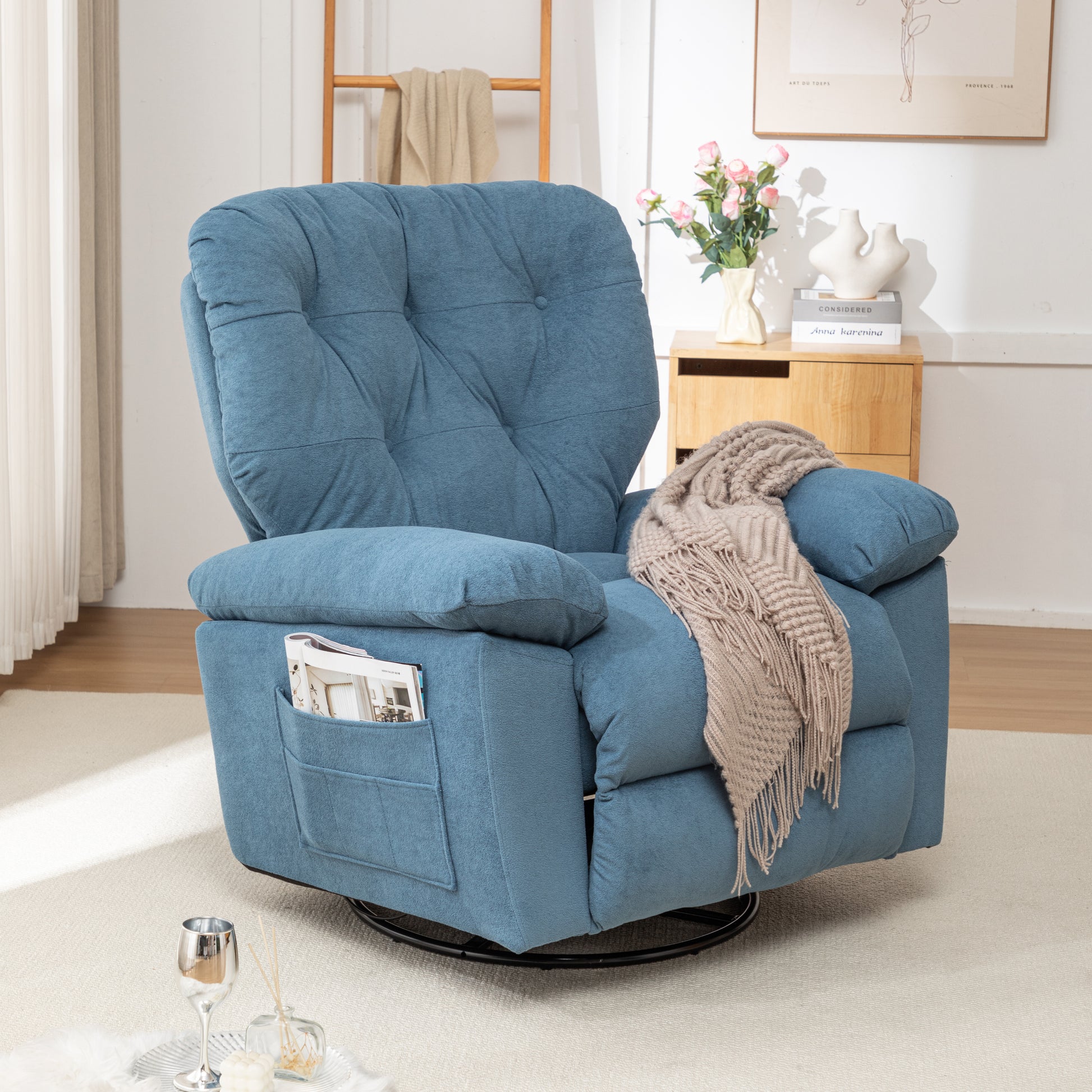 Blue Relaxing Recliner Chair,Soft Artificial Fleece, Overstuffed, Swivel, Glider, Side Pocket Blue Manual Push Button Wood Bedroom Medium Soft Tight Back Heavy Duty Modern Push Button Oak Cotton