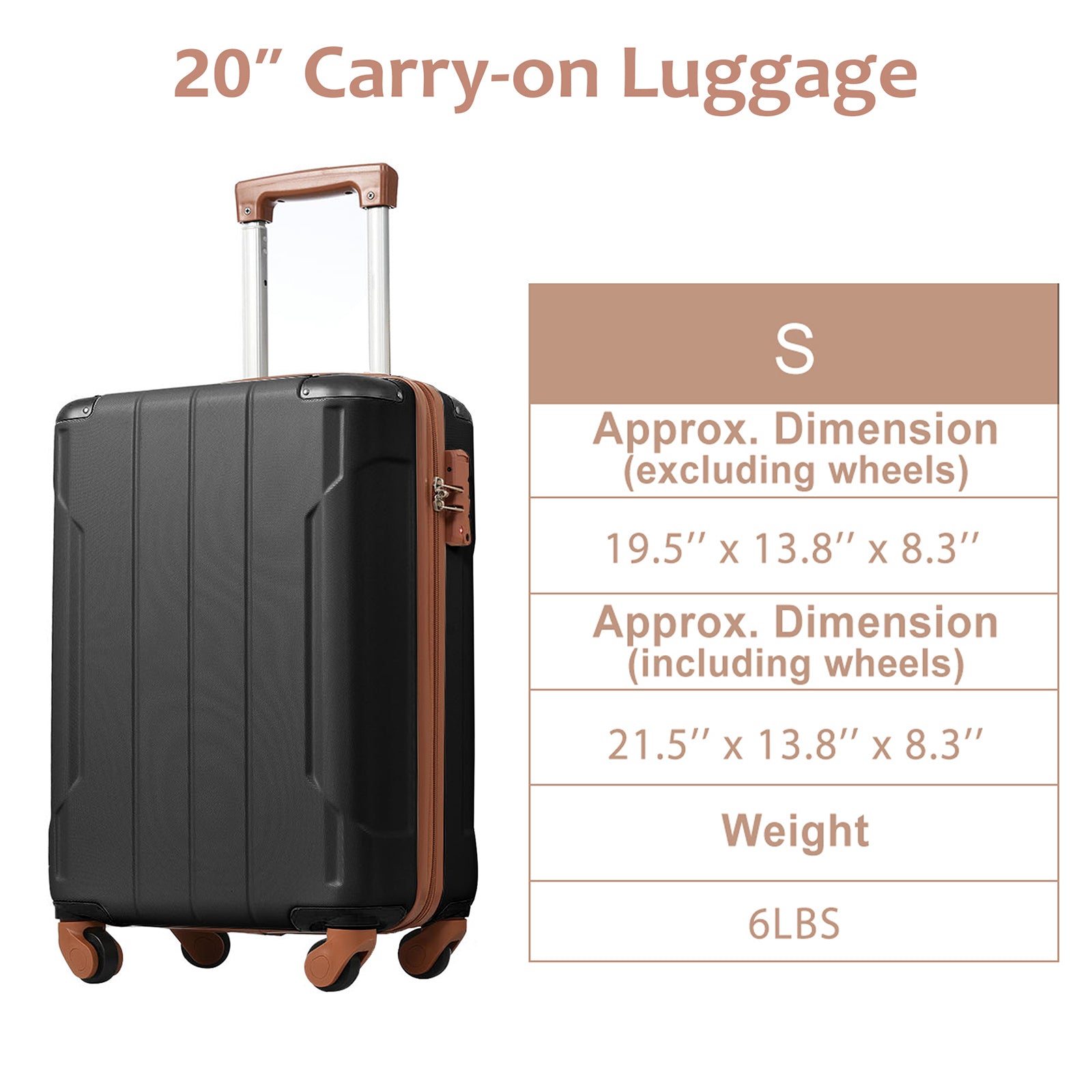 Hardshell Luggage Spinner Suitcase With Tsa Lock Lightweight 20'' Single Luggage Black Brown Abs