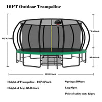 16Ft Outdoor Trampoline For Kids And Adults, Pumpkin Trampolines With Curved Poles,Heavy Duty Trampoline Anti Rust Coating Astm Approval Green Steel