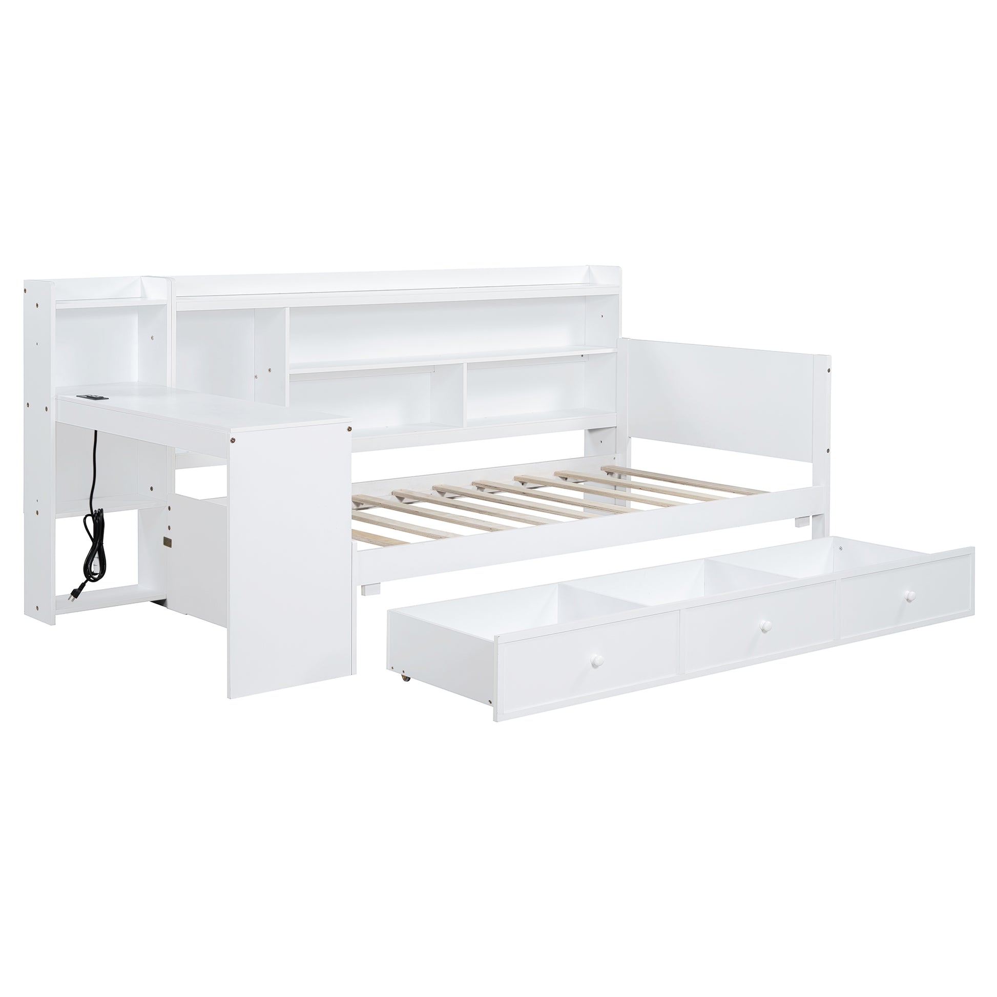 Twin Size Wooden Daybed With 3 Drawers, Usb Ports And Deskwhite Twin White Wood