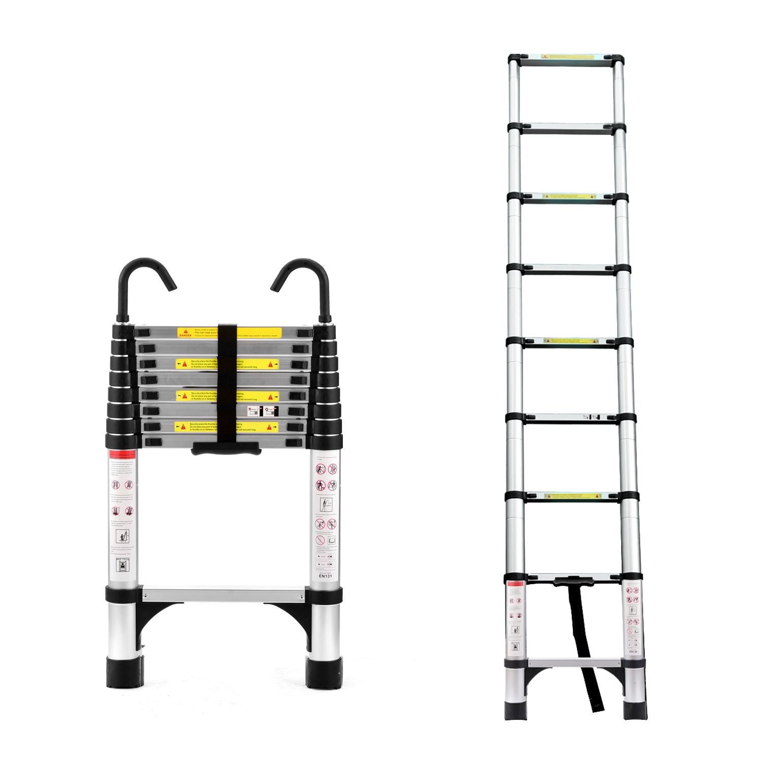 8.5Ft Telescopic Ladder, Telescopic Aluminum Alloy Multi Purpose Folding Telescopic Ladder With Hooks And Triangular Support Frame, Suitable For Outdoor Work At Home Or Rv Antique Silver Aluminium