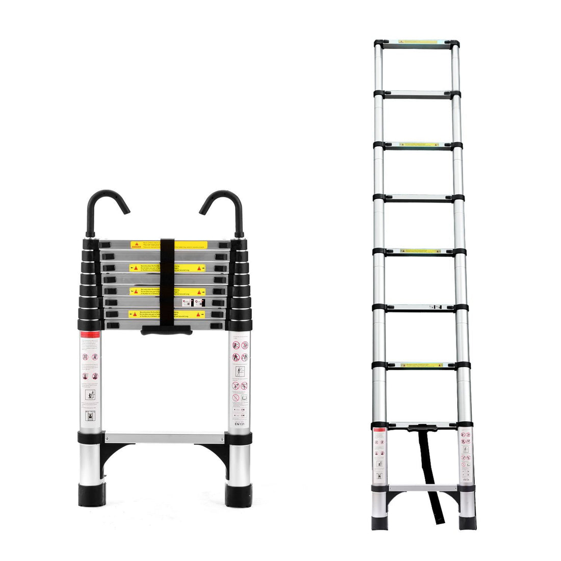 8.5Ft Telescopic Ladder, Telescopic Aluminum Alloy Multi Purpose Folding Telescopic Ladder With Hooks And Triangular Support Frame, Suitable For Outdoor Work At Home Or Rv Antique Silver Aluminium