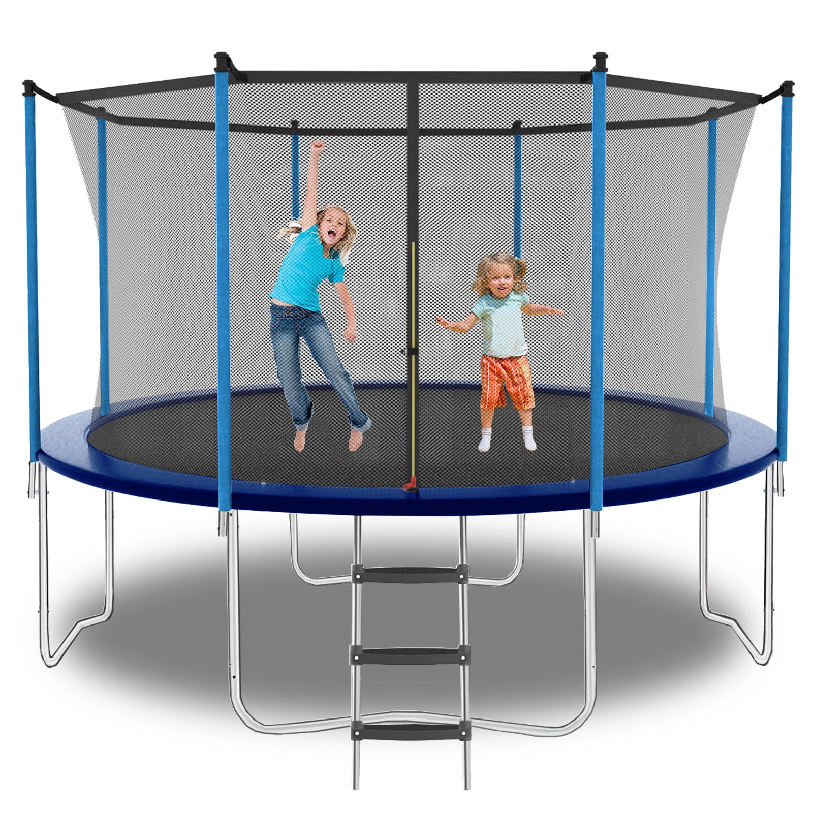 12Ft Outdoor Toddler Trampoline With Enclosure Safety Net Jumping Fun Trampoline, Heavy Duty Jump Pads, Spring Loaded For Children And Adults, Gifts For Boys Girls Blue Garden & Outdoor Iron