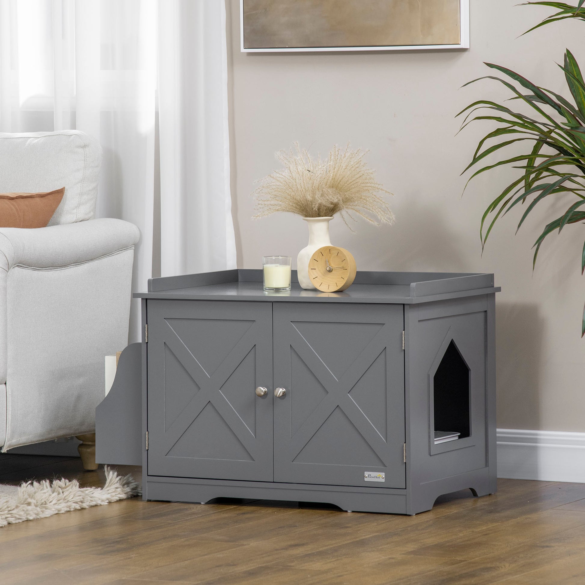 Pawhut Wide & Large Cat Litter Box Furniture Hidden Farmhouse Table With Magnetic Doors, Big Covered Kitty Litter Box Enclosure Cabinet With Shelves, Pet Furniture Cat Gift Side Table, Grey Grey Mdf