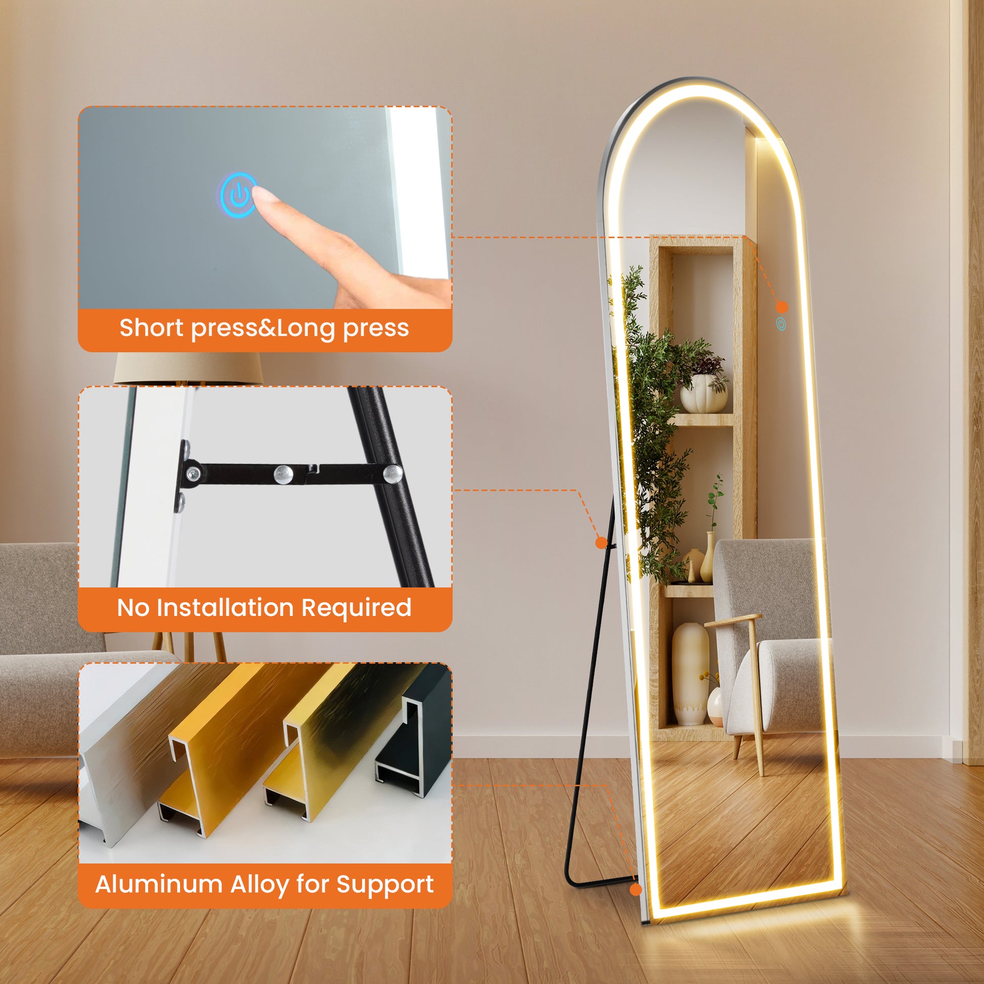 3 Color Lighting Mirror With Led Lights, 60"X16" Lighted Floor Standing Mirror With Stand Black Fiberglass