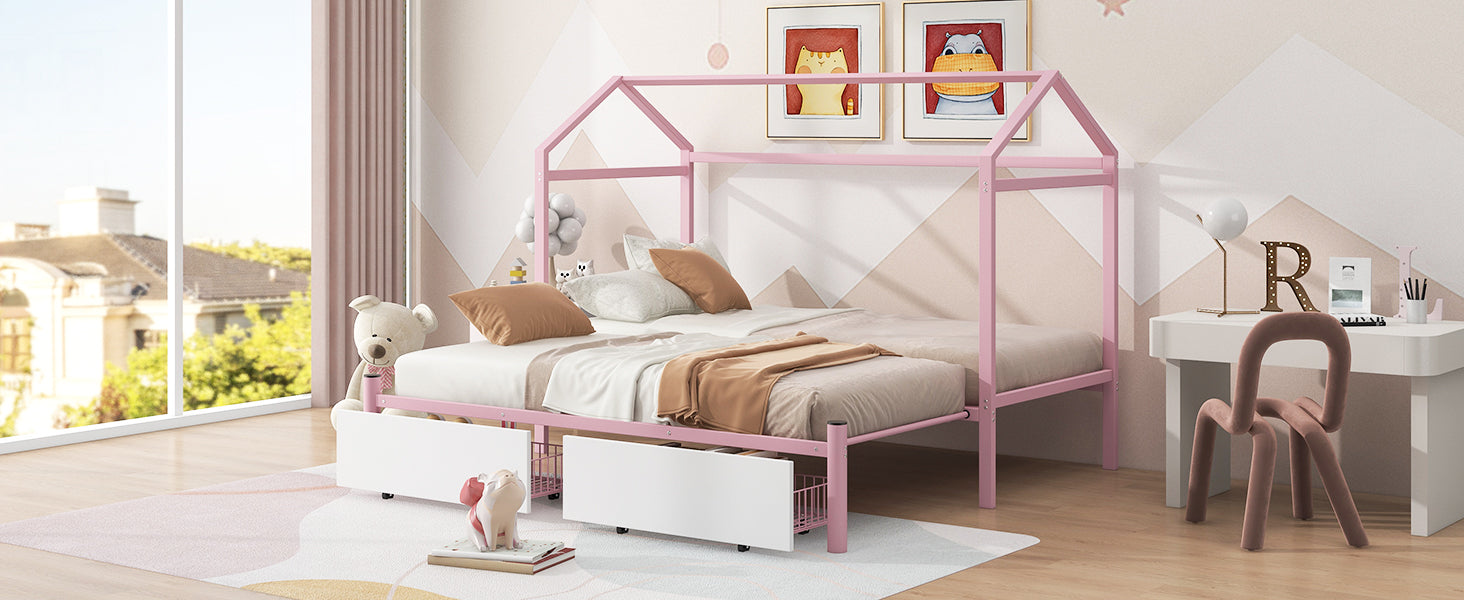 Twin Xl To King Metal Twin Size House Platform Bed With 2 Drawers, Pink Box Spring Not Required Twin Xl Pink Metal Bed Frame Metal