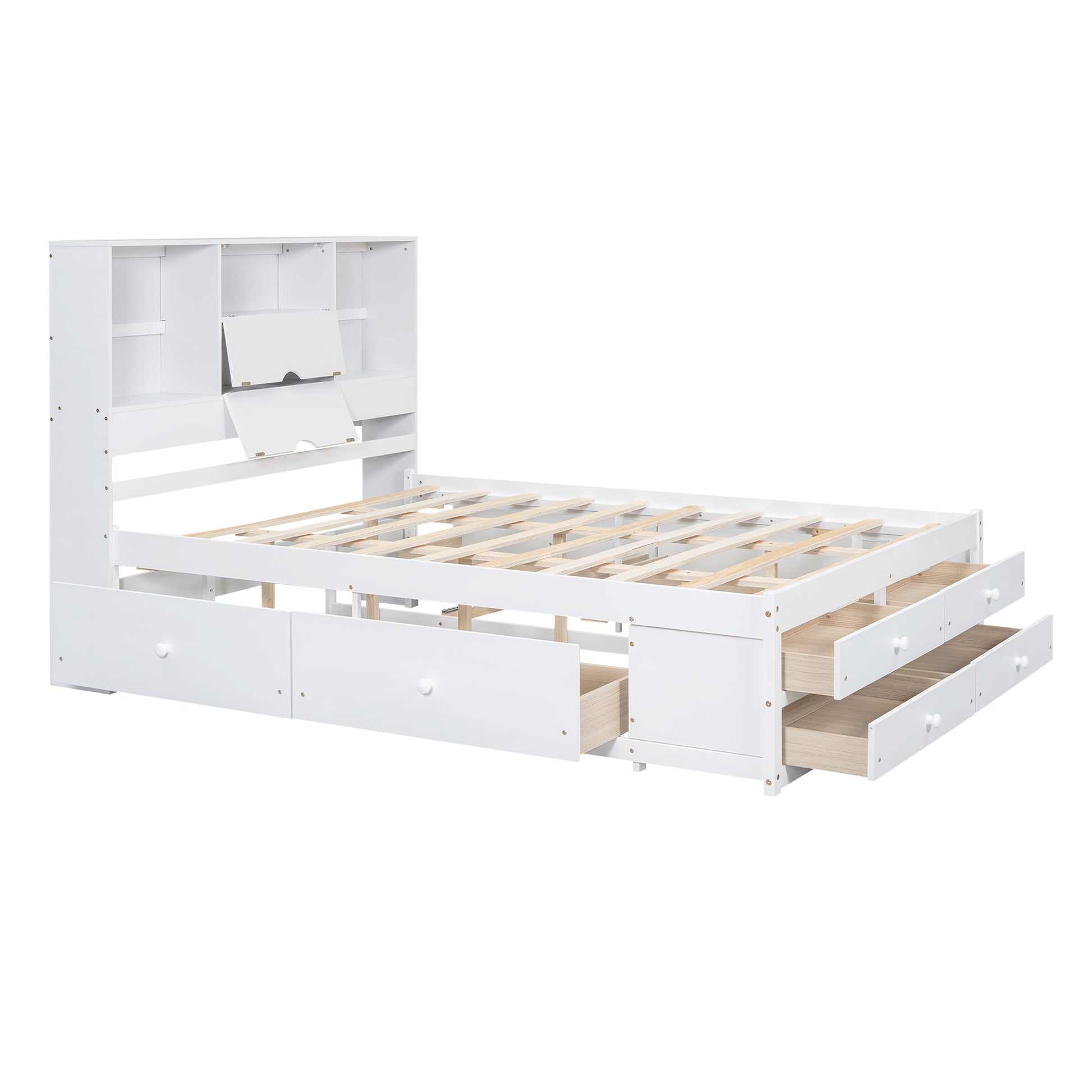 Queen Size Platform Bed With Storage Headboard And 8 Drawers, White Box Spring Not Required Queen White Wood Bedroom Bed Frame Solid Wood Mdf