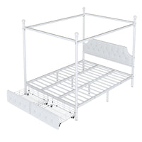 Queen Size Metal Canopy Platform Bed With Upholstered Headboard And Two Storage Drawers, White Queen White Metal