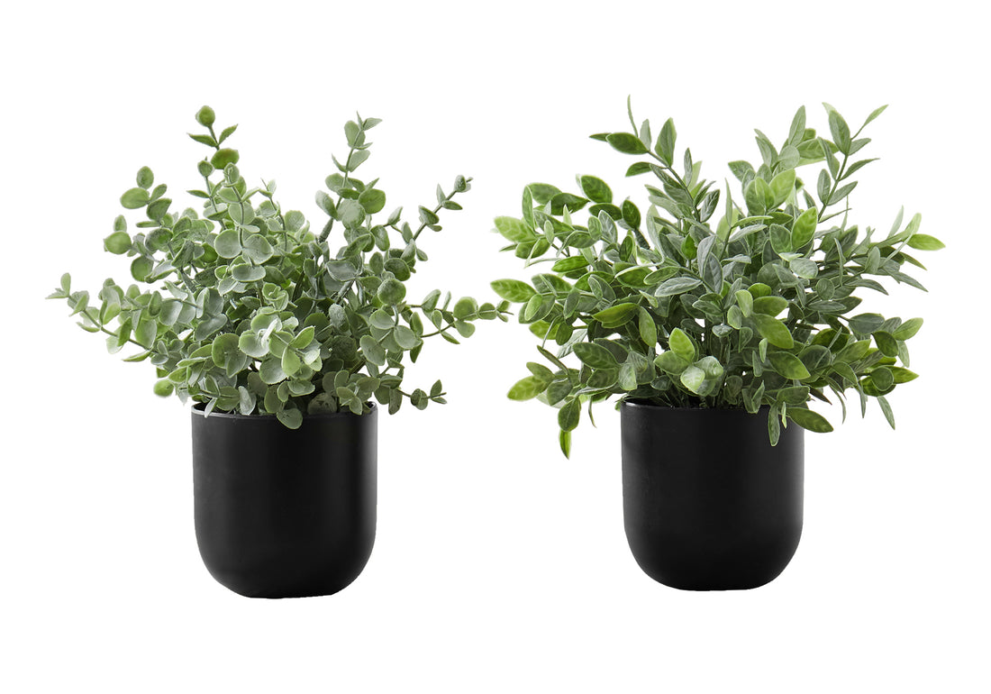 Artificial Plant, 11" Tall, Eucalyptus Grass, Indoor, Faux, Fake, Table, Greenery, Potted, Set Of 2, Decorative, Green Leaves, Black Pots Green Foam Plastic