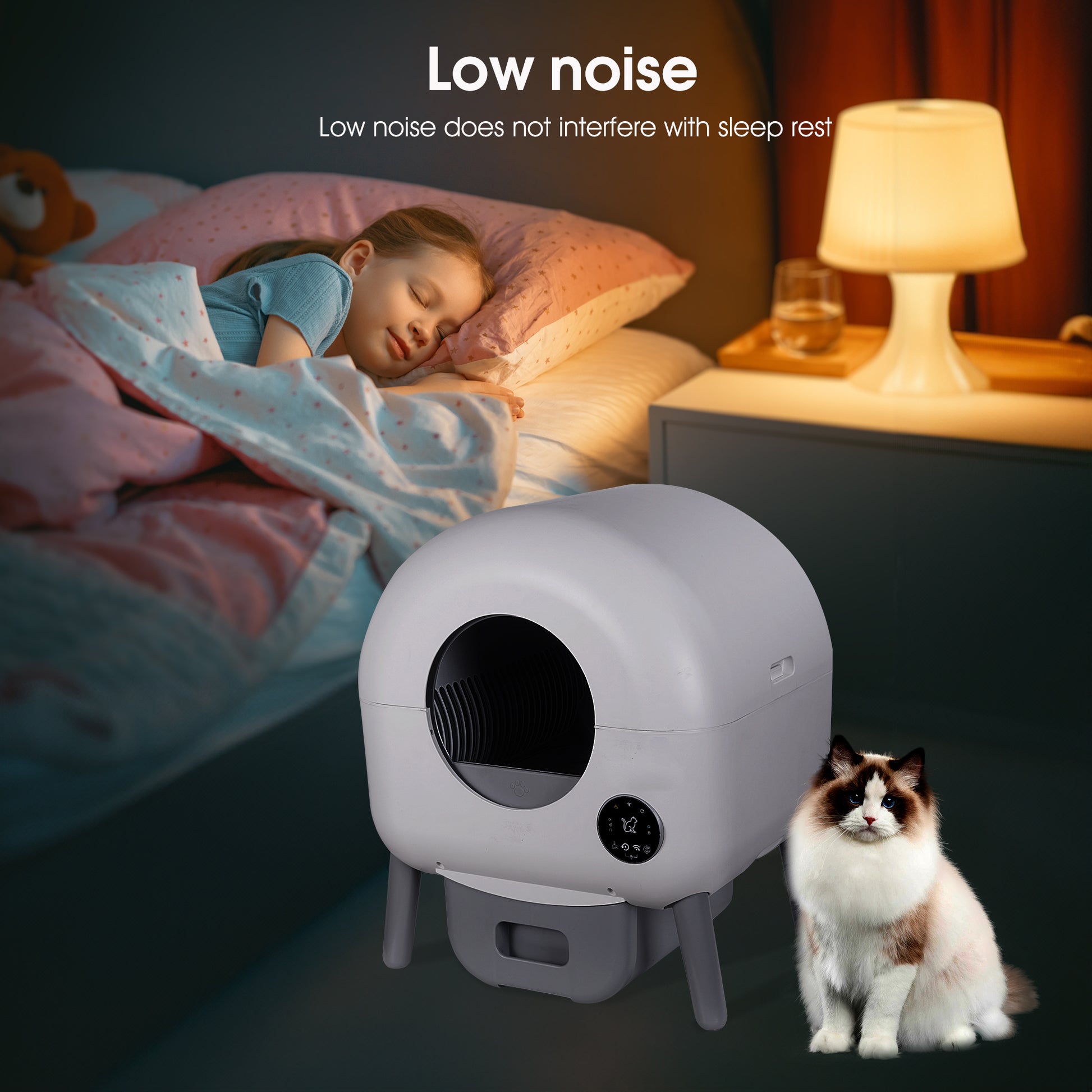 Self Cleaning Litter Box 2.2Lb 23Lb Cat Can Use, 100L Automatic Cat Litter Box Self Cleaning, Extra Large For Multiple Cats, Anti Pinch, All Clumping Litter Can Use, With Garbage Bags, App Control White Gray Abs