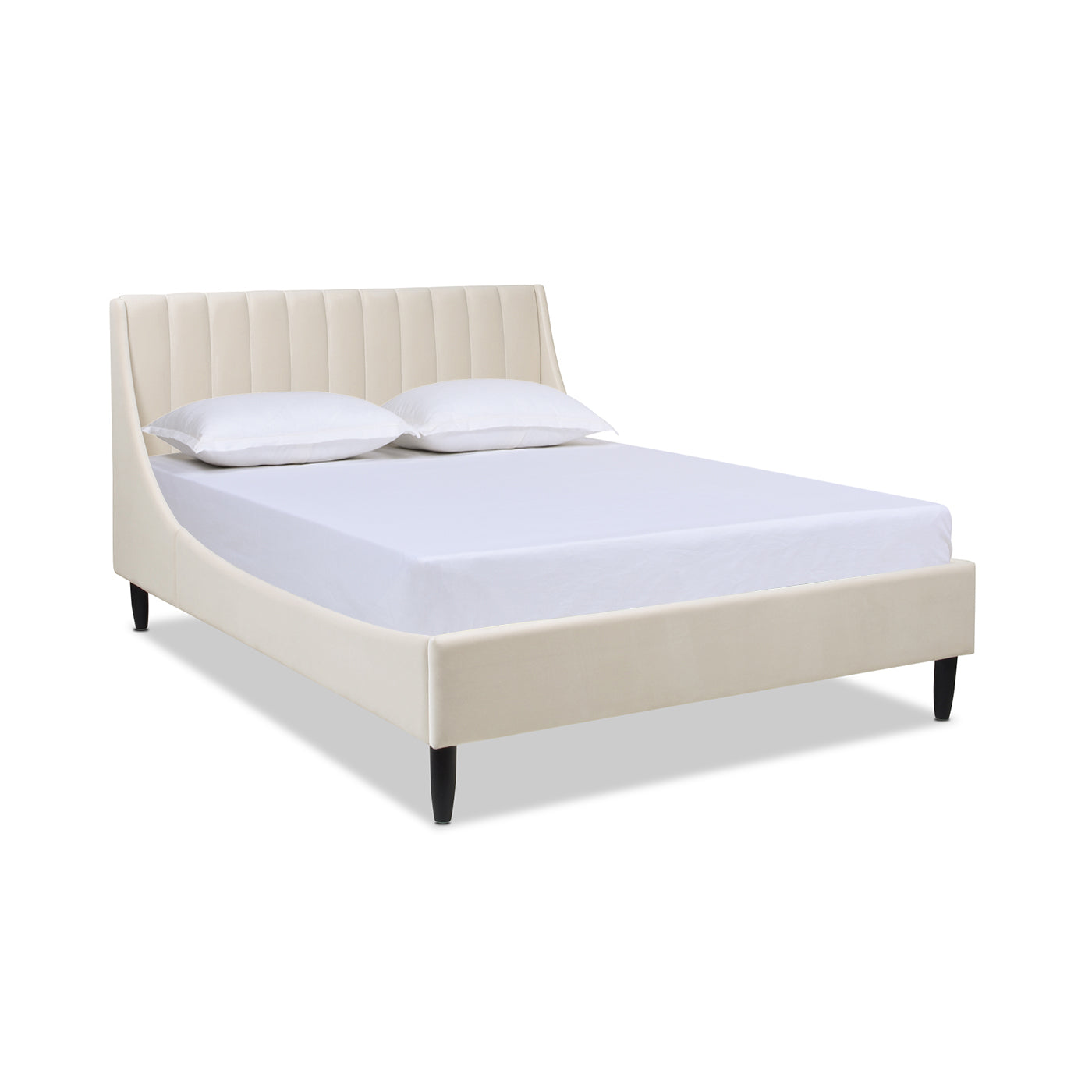 Aspen Vertical Tufted Modern Headboard Platform Bed Set, Queen, French Beige Performance Velvet Box Spring Not Required Queen Beige Wood Foam Velvet Velvet