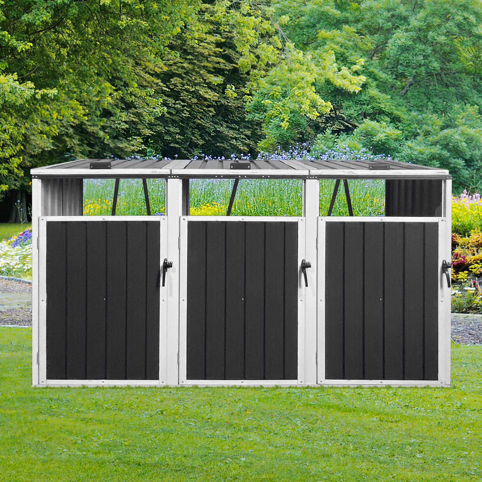 Garbage Bin Shed Stores 3 Trash Cans Metal Outdoor Bin Shed For Garbage Storage,Grey Grey Metal