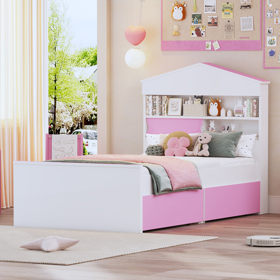 Twin Size House Shaped Wooden Bed With Storage Shelf On The Headboard, Built In Two Storage Drawers, Pink Pink White Wood