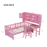 Twin Size Multifunctional Wood Platform Bed With Bookshelf At The Head Of The Bed, Built In Desk And Matching Chair, Pink Twin Pink Wood