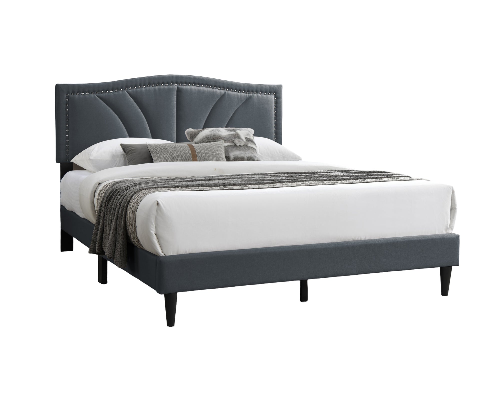 Modern Vintage Look 1Pc Queen Size Bed Charcoal Burlap Fabric Trim Accents Headboard Bedframe Box Spring Not Required Queen Charcoal Wood Bedroom Contemporary,Modern Bed Frame Burlap