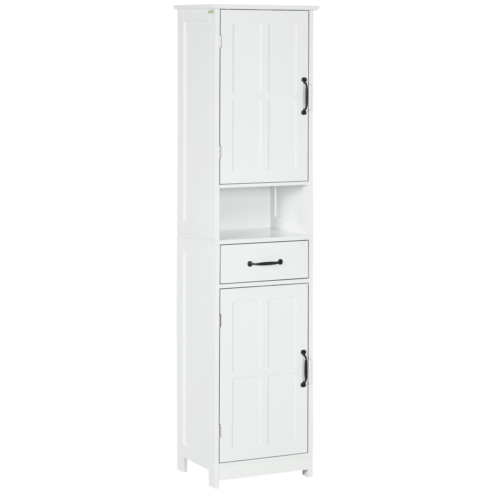 Kleankin Slim Bathroom Storage Cabinet, Tall Bathroom Cabinet, Linen Tower With Open Shelf, Drawer, Recessed Doors, And Adjustable Shelves, White White Mdf