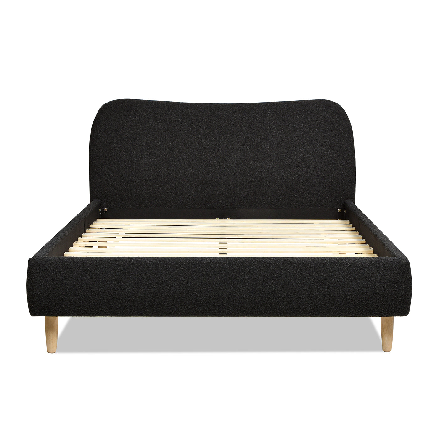 Roman Curved Headboard Upholstered Platform Bed, Queen, Ebony Black Boucle Box Spring Not Required Queen Black Wood Foam Boucle Boucle