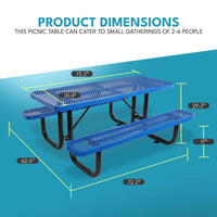 6 Ft. Rectangular Outdoor Steel Picnic Table With Umbrella Pole In Blue Blue Carbon Steel