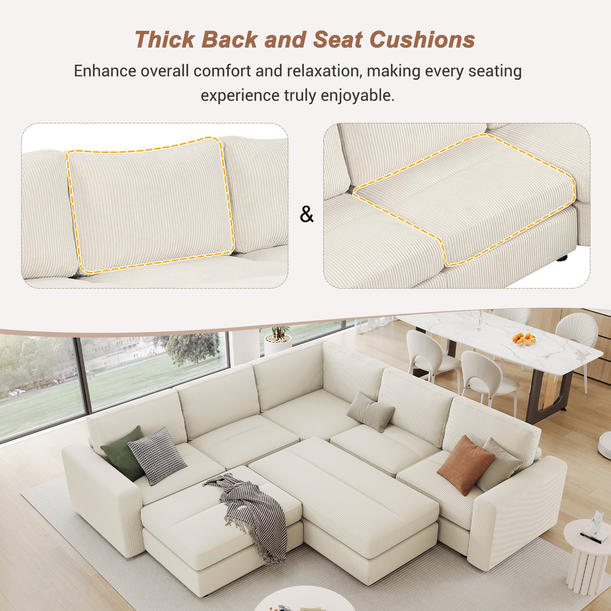 121.3" Sectional Couch Sofa Bed Modular Sofa With Two Movable Ottomans For Living Room Old Sku:N719S001640A , Beige Beige Foam Corduroy 7 Seat