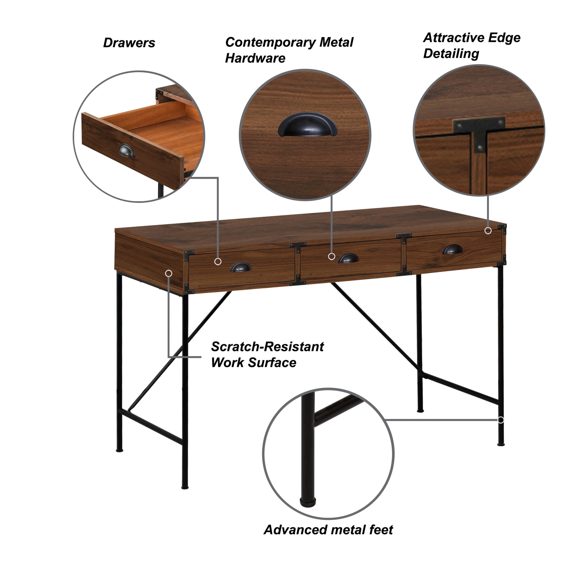 "47"" Writing Desk With 3Drawers" Robust Walnut Office Desk With Metal Frame Sleek Computer Desk With Drawers, Heavy Duty Workstation For Home And Office, Industrial Design With Large Storage Walnut Solid Wood