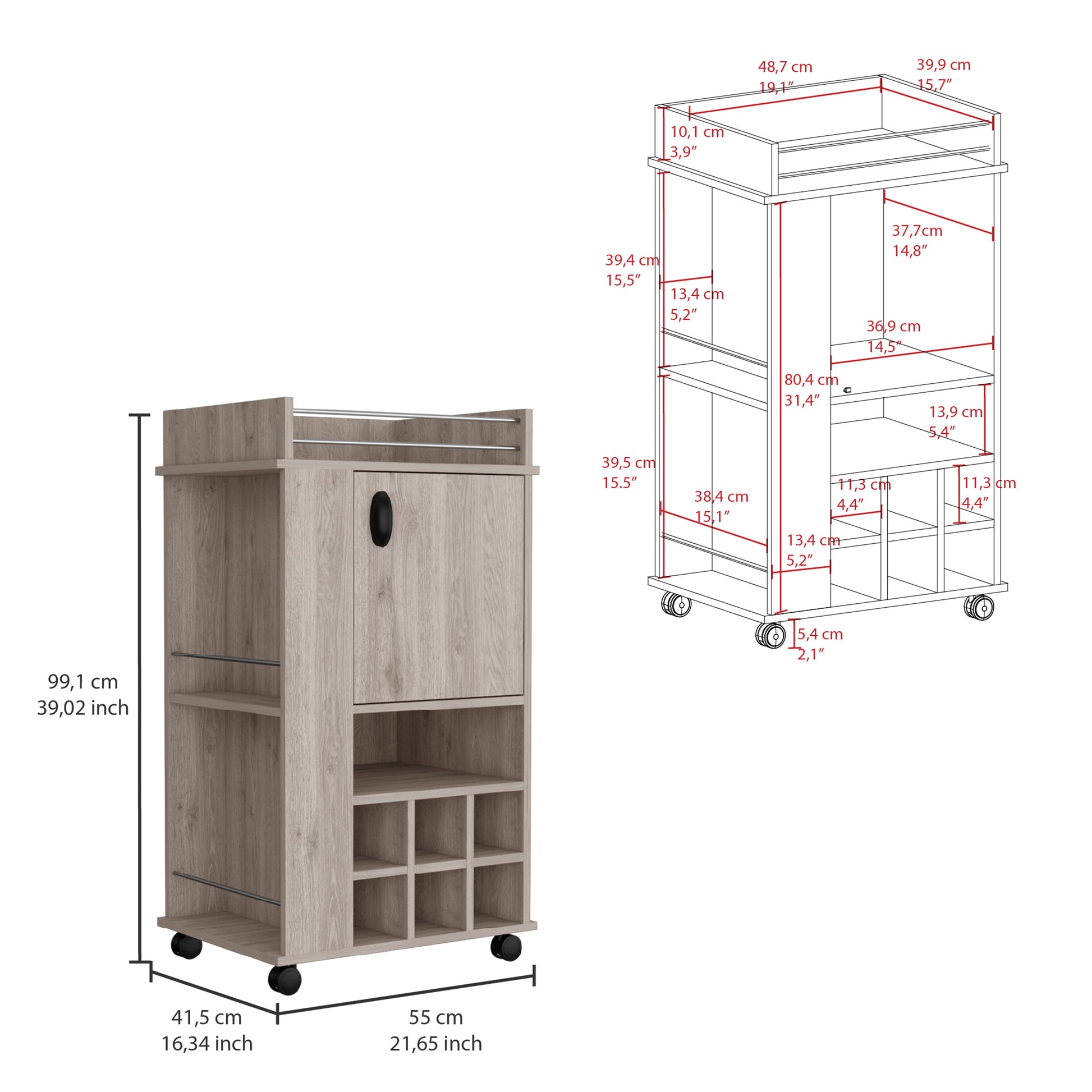 Fargo Bar Cart With Cabinet, 6 Built In Wine Rack And Casters Grey Primary Living Space Modern Particle Board Engineered Wood