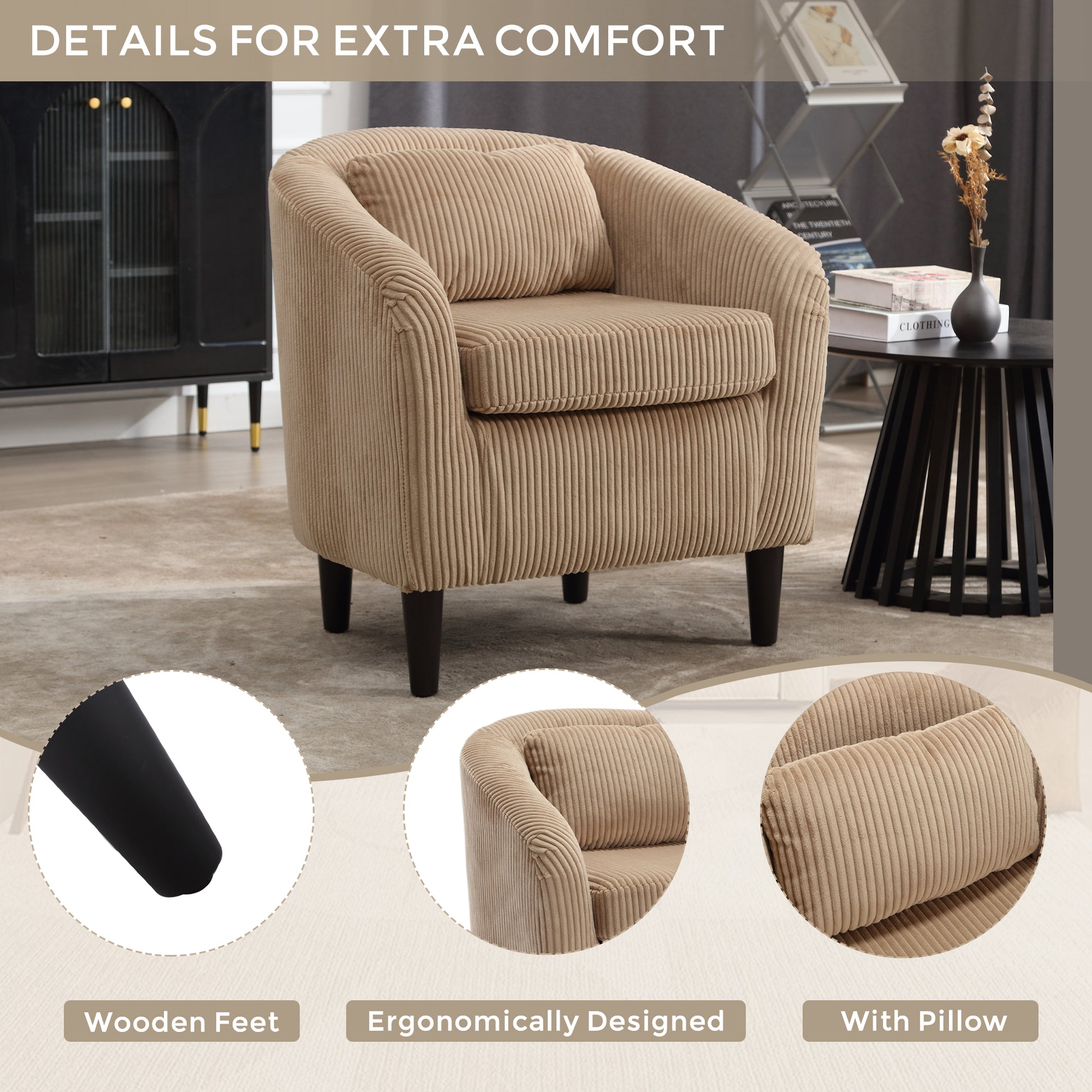 Coolmore Living Room Accent Barrel Chair, Century Modern Style Decorative Chair, Armchair For Living Room With Thick Cushions And Pillows, Comfy Single Sofa Chair, Chair With Wooden Legs,Camel Camel Corduroy