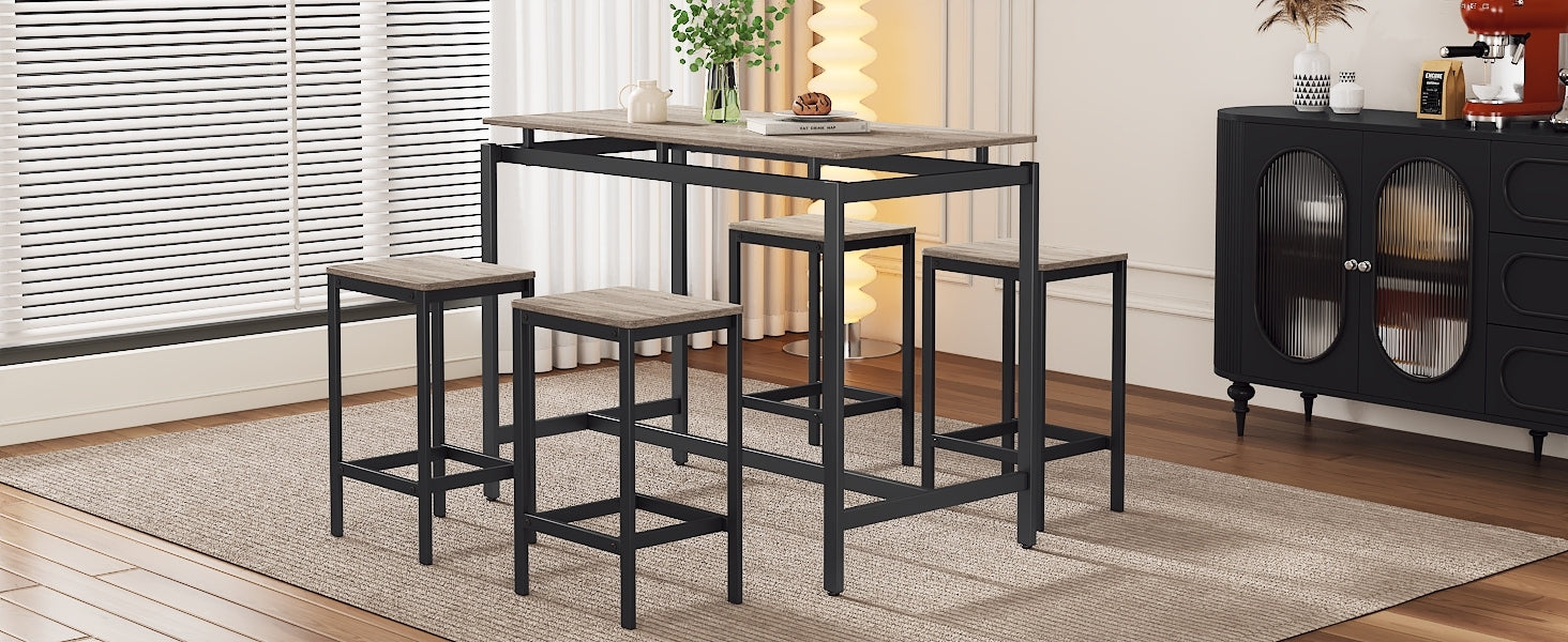 5 Piece Compact Bar Table Set With Table And Stools Modern Industrial Design, Space Saving Furniture For Dining Room And Breakfast Nook Oak Oak Mdf Steel