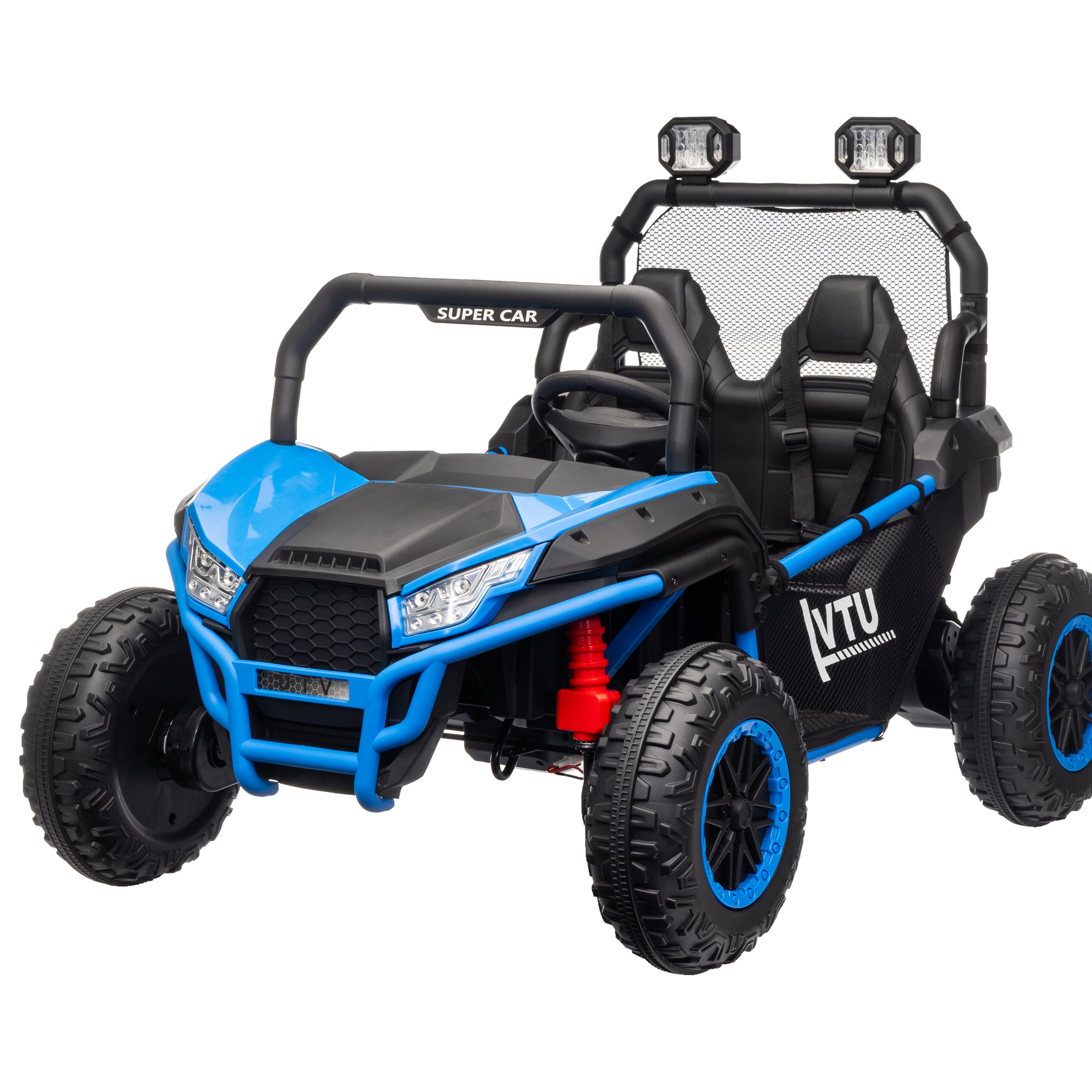 24V 2 Seater Ride On Car For Kids, 4X4 Off Road Utv Toy W Remote Control, 4X200W Powerful Motors, 20" Large Seat, 5 Mph Max Speed, Bluetooth, Mp3, Lights, Electric Car For Big Kids Blue Abs