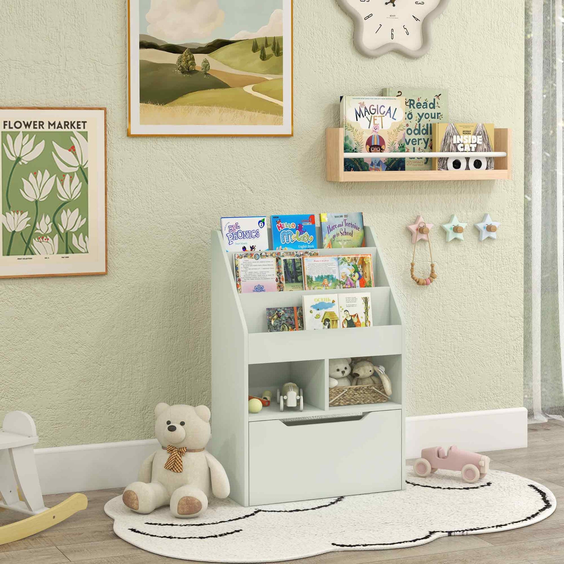 Homcom Kids Bookcase Multi Shelf Rack Organizer With Storage Drawer For Books, Playroom, Pale Green Green Mdf