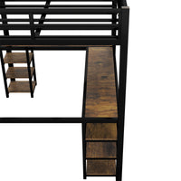 Full Metal Loft Bed With Desk And Shelves, Loft Bed With Ladder And Guardrails, Loft Bed Frame For Bedroom, Black With Vintage Wood Colored Desk Black Metal