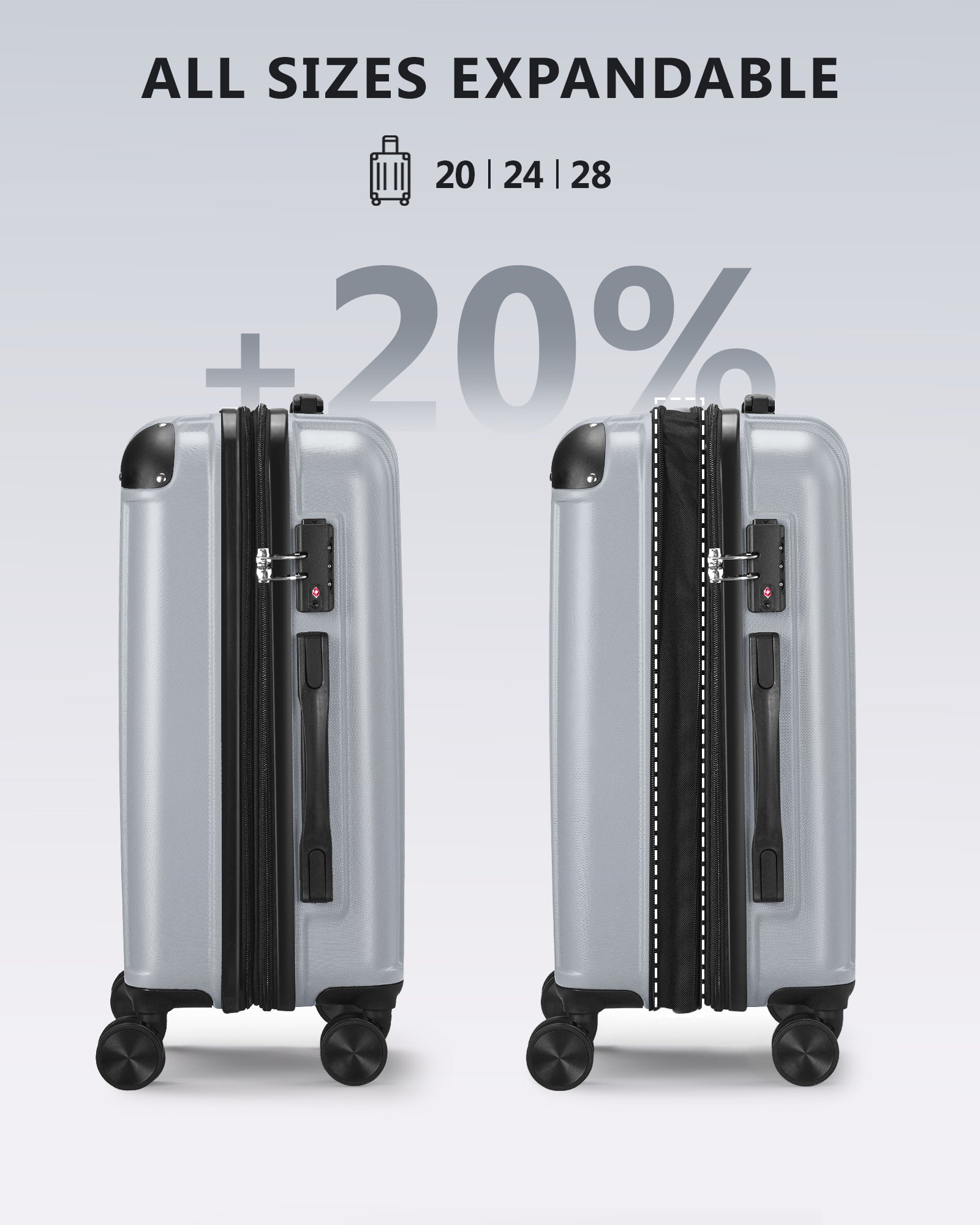 3 Piece Luggage Set With Tsa Lock& Double Spinner Wheels, Expandable For Large Storage Silver Abs