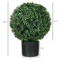 Homcom Set Of 2 20.5" Artificial Ball Boxwood Topiary Trees With Pot, Indoor Outdoor Fake Plants For Home Office & Living Room Decor Green Plastic