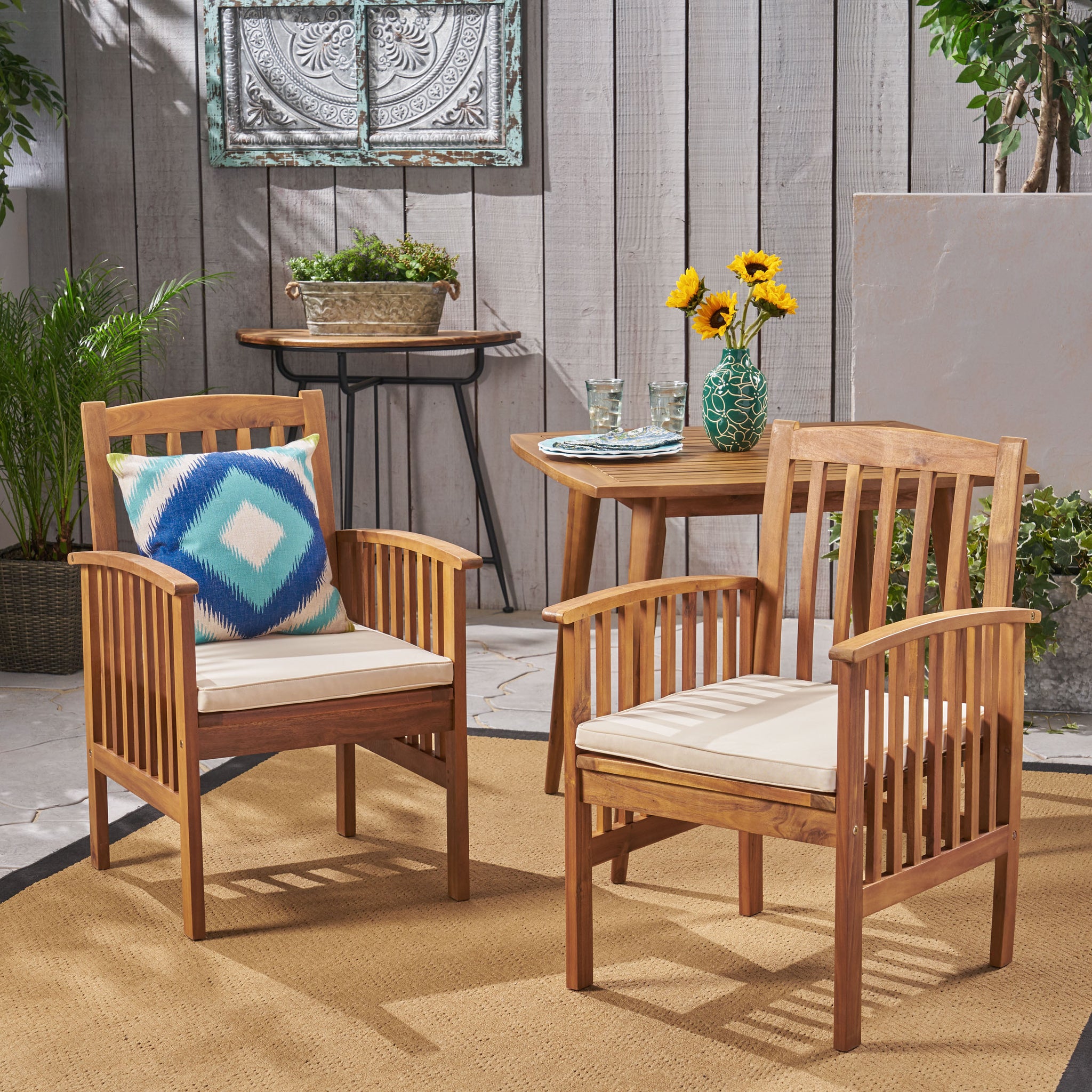 Casa Acacia Dining Chair,2Pcs With 2 Cushions Brown Acacia Wood