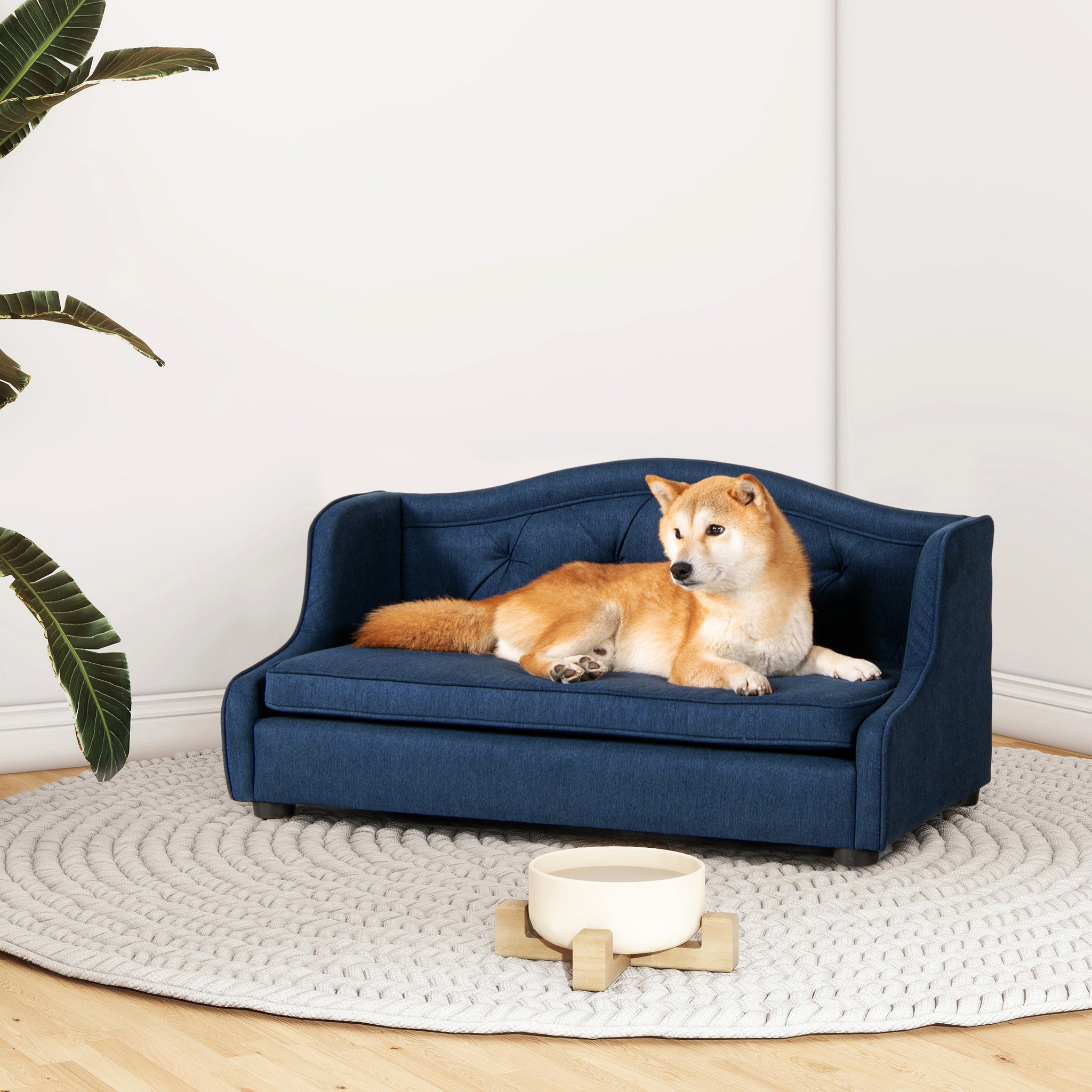 Robin 35" Tufted Wingback Pet Sofa Bed, Medium, Pacific Blue Stain Resistant High Performance Polyester Blue Foam Polyester