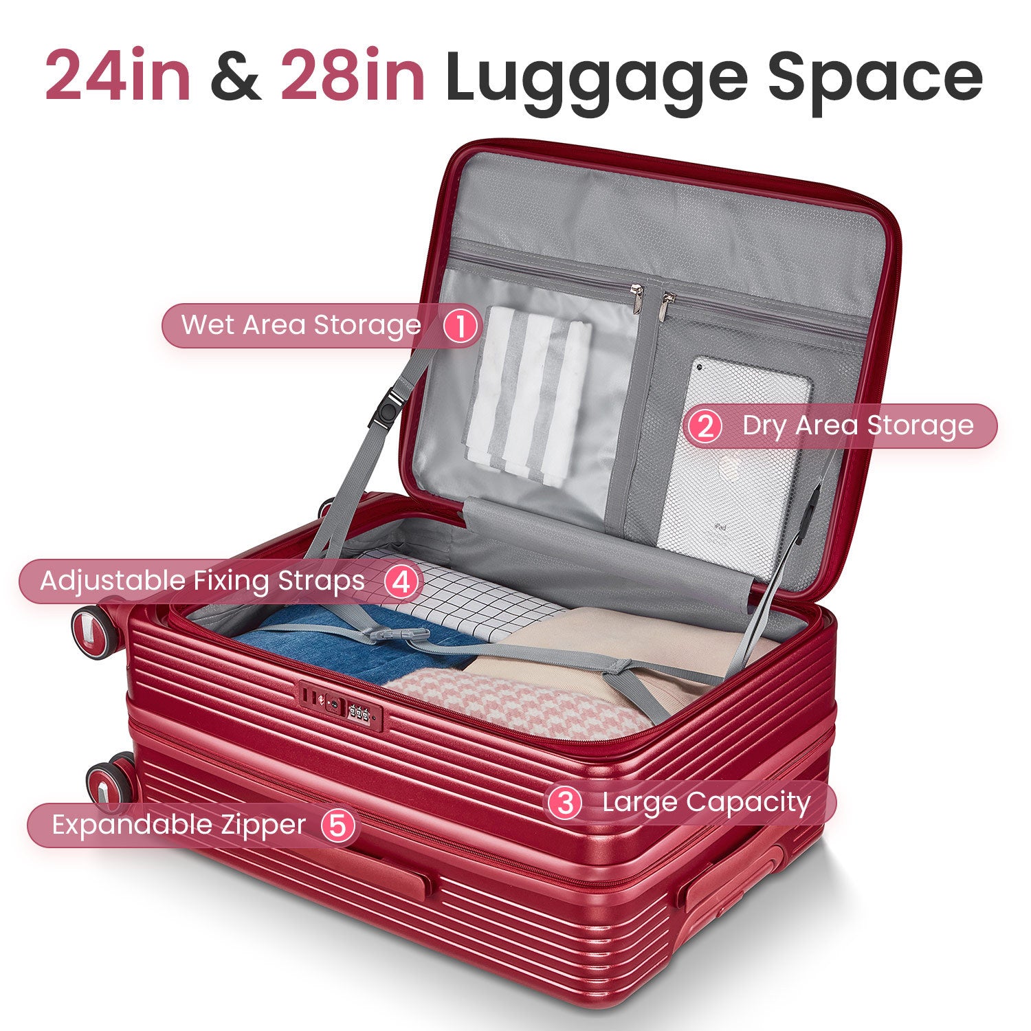 Luggage Sets 3 Piece 20 24 28 , Expandable Carry On Luggage With Tsa Lock Airline Approved, 100% Pc Hard Shell And Lightweight Suitcase With Front Pocket And Spinner Wheels Wine Red Pc