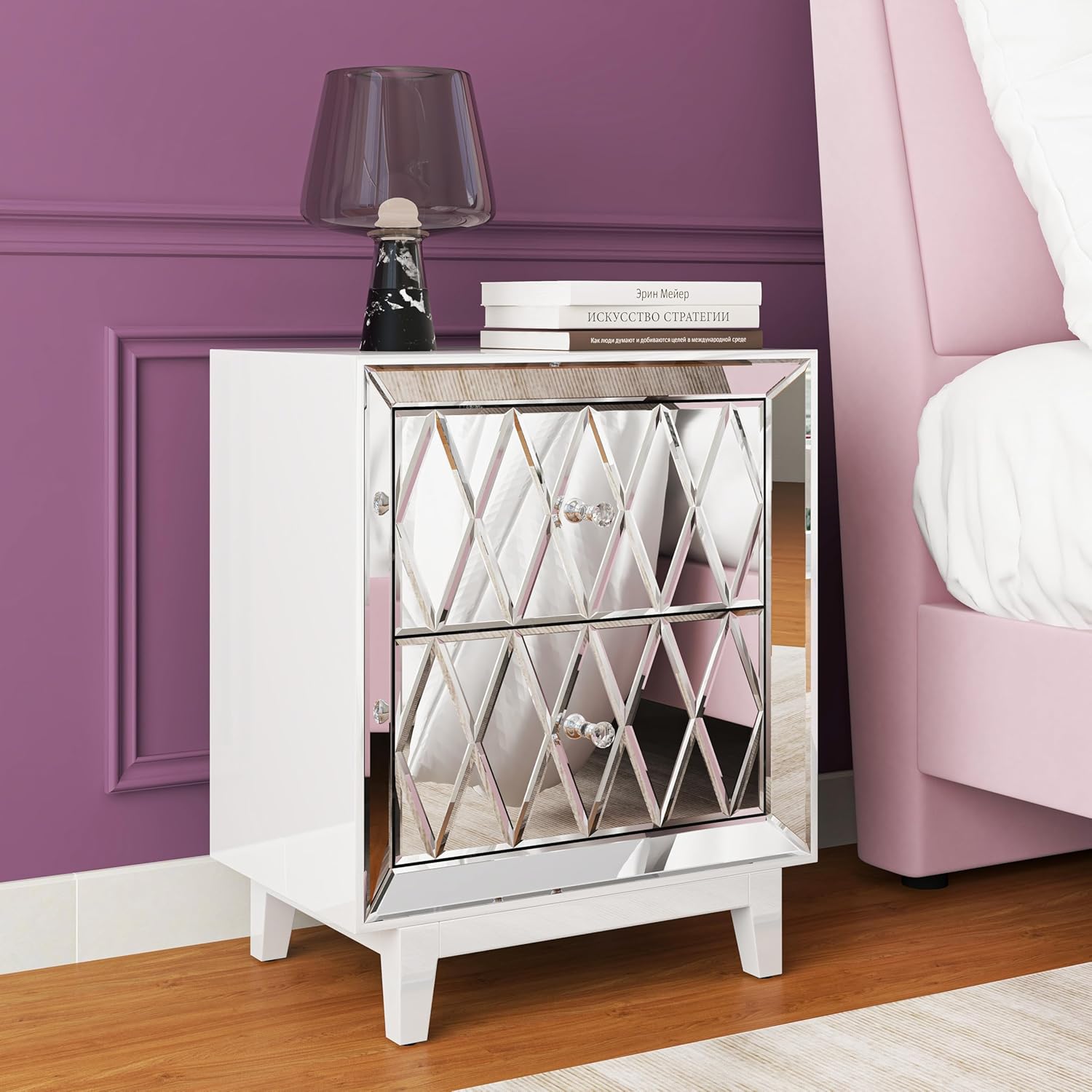 Mirrored Nightstand With 2 Drawers, Silver Night Stand, Mirror End Table, Mesa De Noche Para Dormitorio, Modern Bedside Table, Glass Table For Bedroom, 12''W X 18" L X 22" H White Silver 2 Drawers