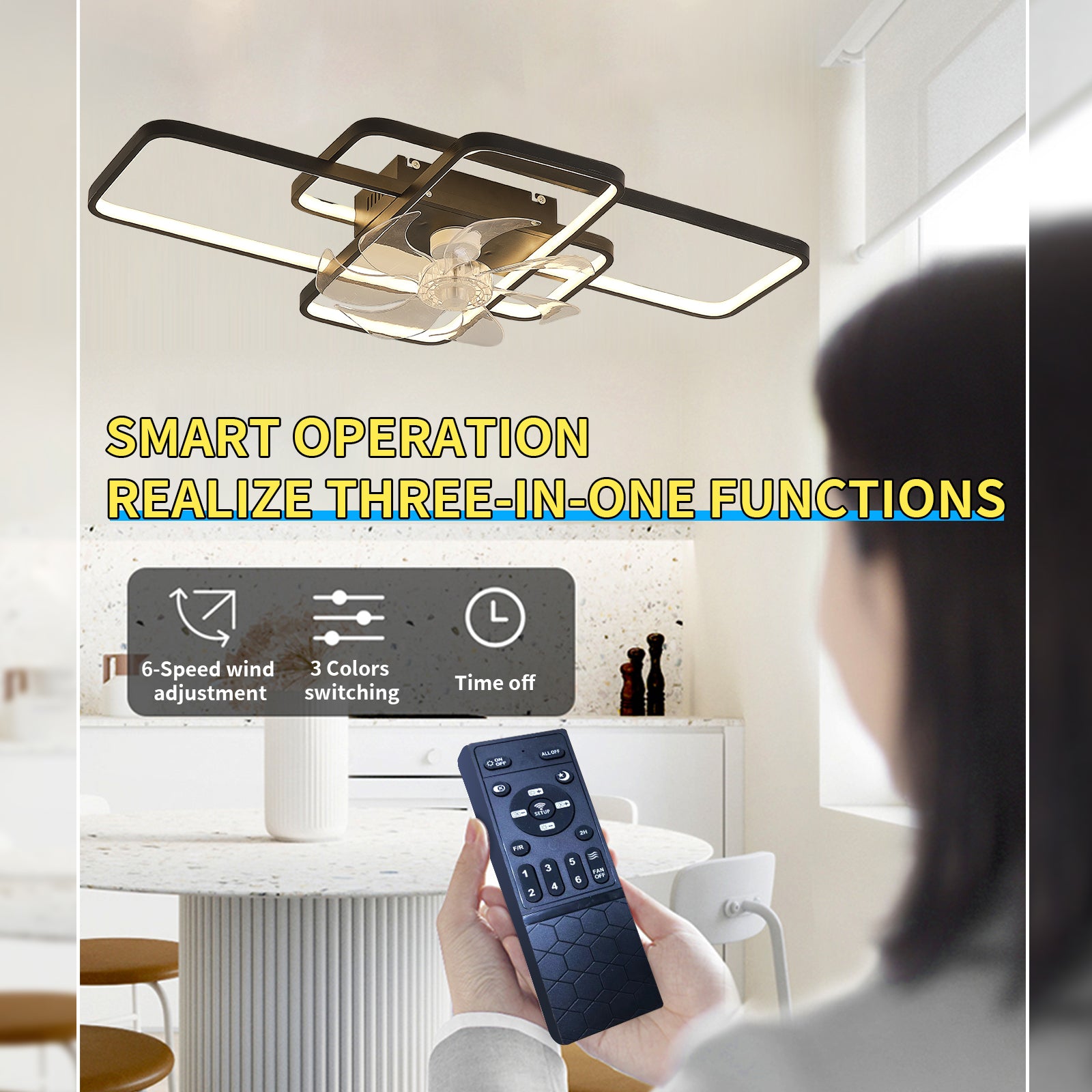 41Inches Ceiling Fan With Lights Remote Control Dimmable Led, 6 Gear Wind Speed Fan Light Black Modern Iron Plastic