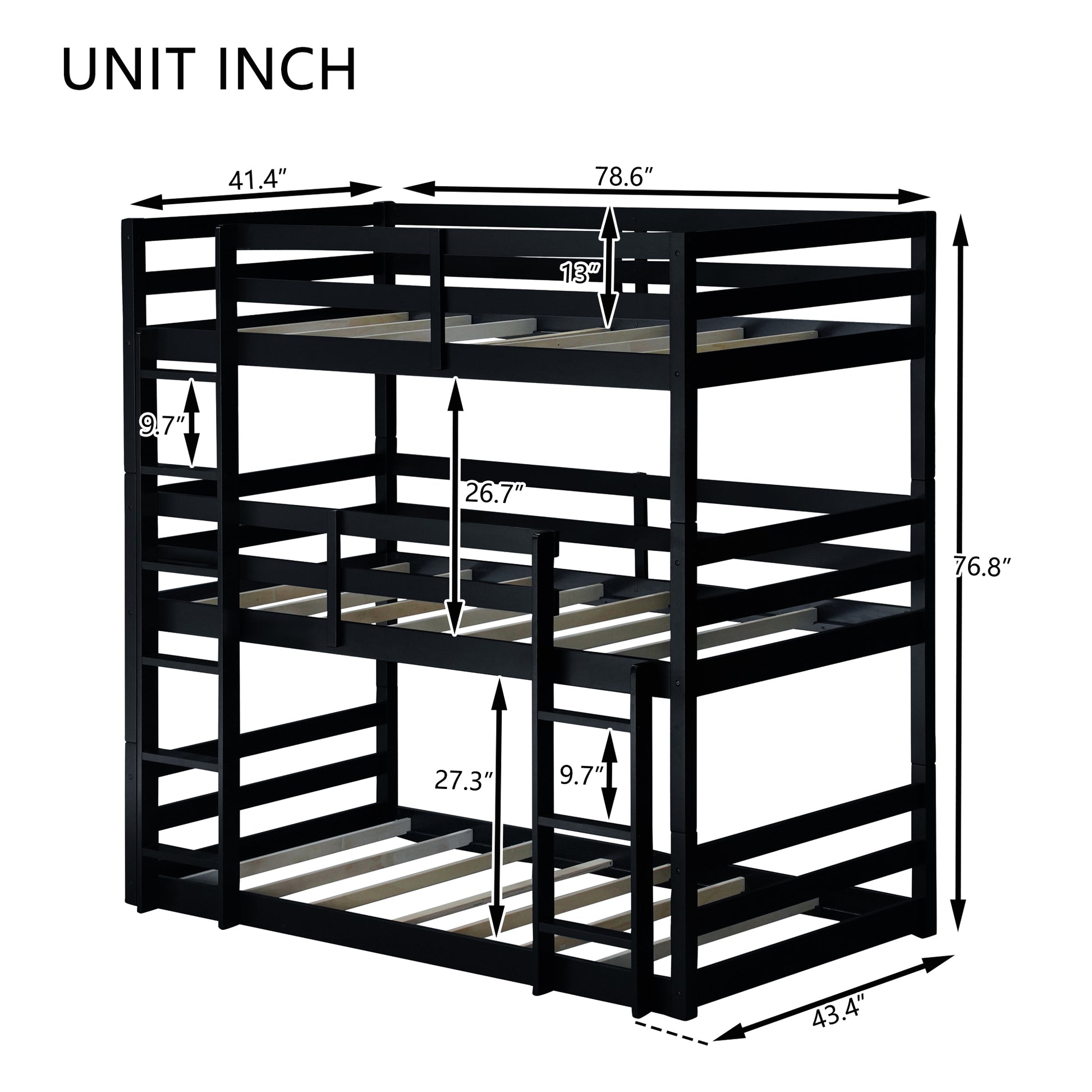 Triple Rubber Wood Bunk Bed With Two Built In Ladders, Guardrails, Twin Over Twin Over Twin, Detachable Triple Twin Bunk Bed,Black Twin Black Bedroom American Design Bed Frame Rubber Wood