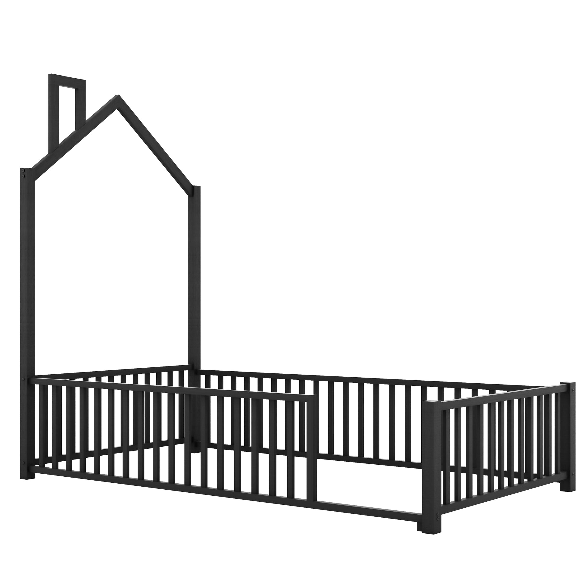 Twin Size Metal House Platform Bed With Guardrail And Chimney, Black Box Spring Not Required Twin Black Metal Metal