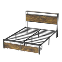 Full Bed Frame With Led Lights And Charging Station Robust Metal Wood Construction, Rustic Wood Platform Bed Frame With 2 Drawers, No Box Spring Needed, Noise Free, Vintage Brown, Easy Assemble Box