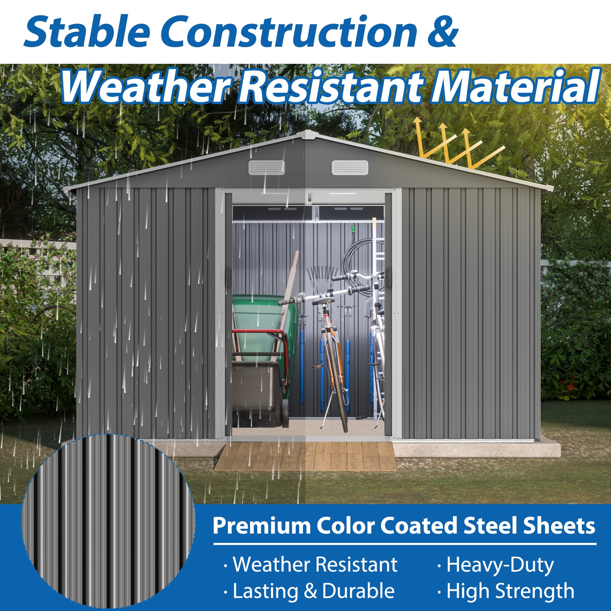 10X8 Ft Outdoor Storage Shed, Metal Foundation & Lockable Doors, Tool Shed For Garden, Patio, Backyard, Lawn, Grey Gray Metal