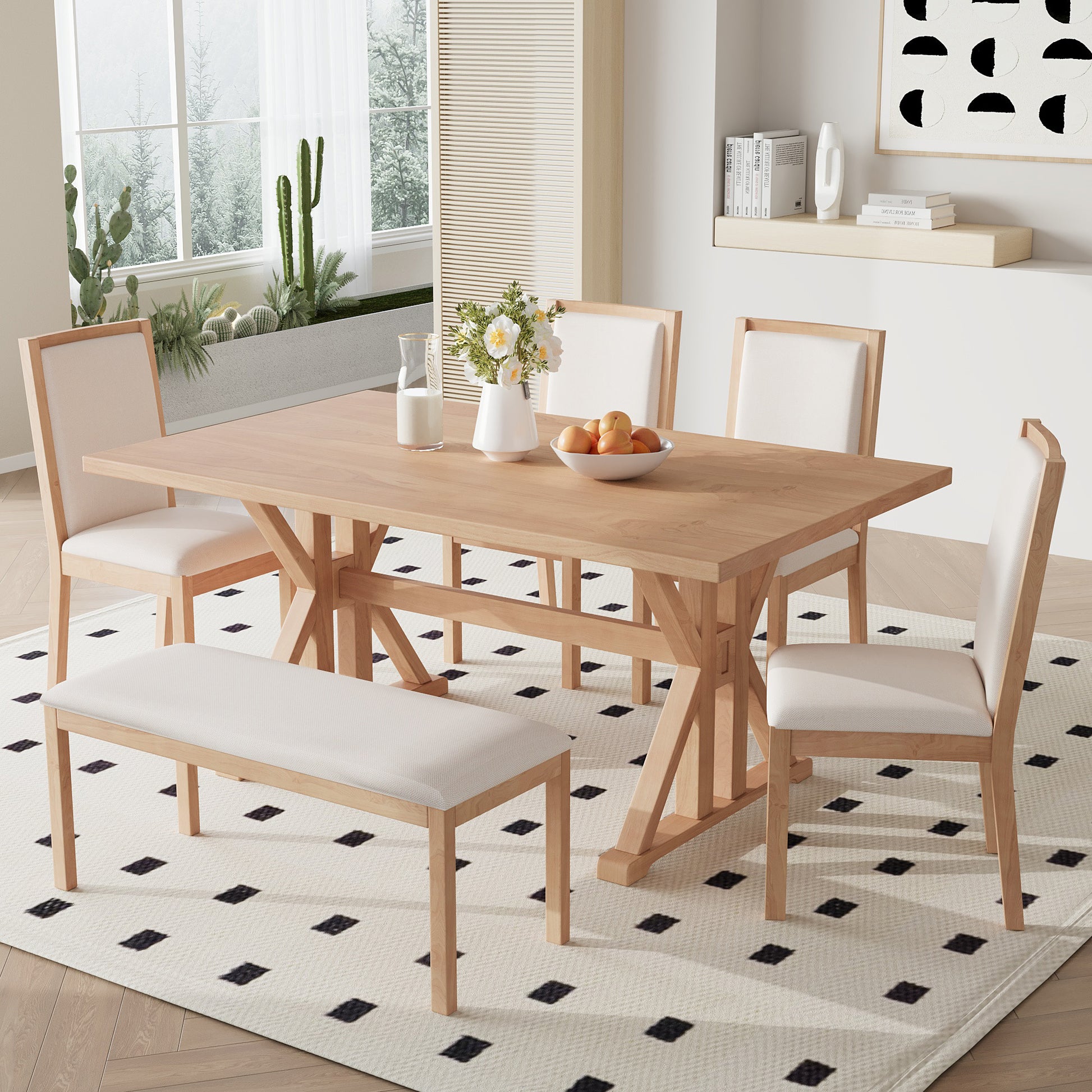 Farmhouse Classical 6 Piece Dining Table Set With Trestle Legs,Kitchen Table Set For 6 With 4 Upholstered Dining Chairs And Bench, Natural Wood Dining Room Solid Wood Rubberwood Rectangular Dining Table With Chair And Bench Upholstered Chair Wood Natural