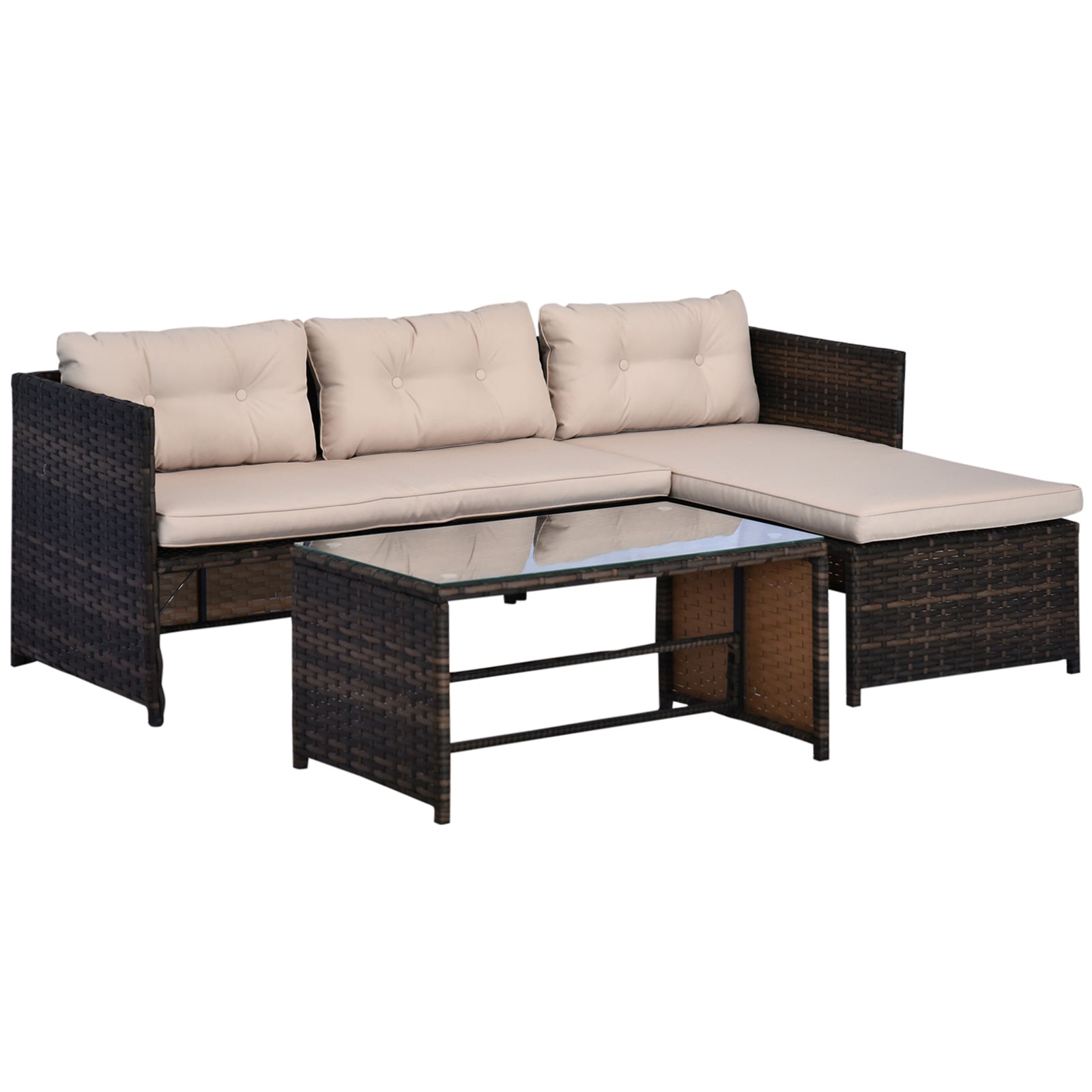Outsunny 3 Piece Patio Furniture Set, Rattan Outdoor Sofa Set With Chaise Lounge & Loveseat, Soft Cushions, Tempered Glass Table, L Shaped Sectional Couch, Beige Beige Rattan Metal