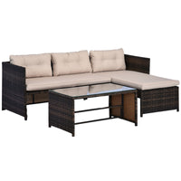 Outsunny 3 Piece Patio Furniture Set, Rattan Outdoor Sofa Set With Chaise Lounge & Loveseat, Soft Cushions, Tempered Glass Table, L Shaped Sectional Couch, Beige Beige Rattan Metal