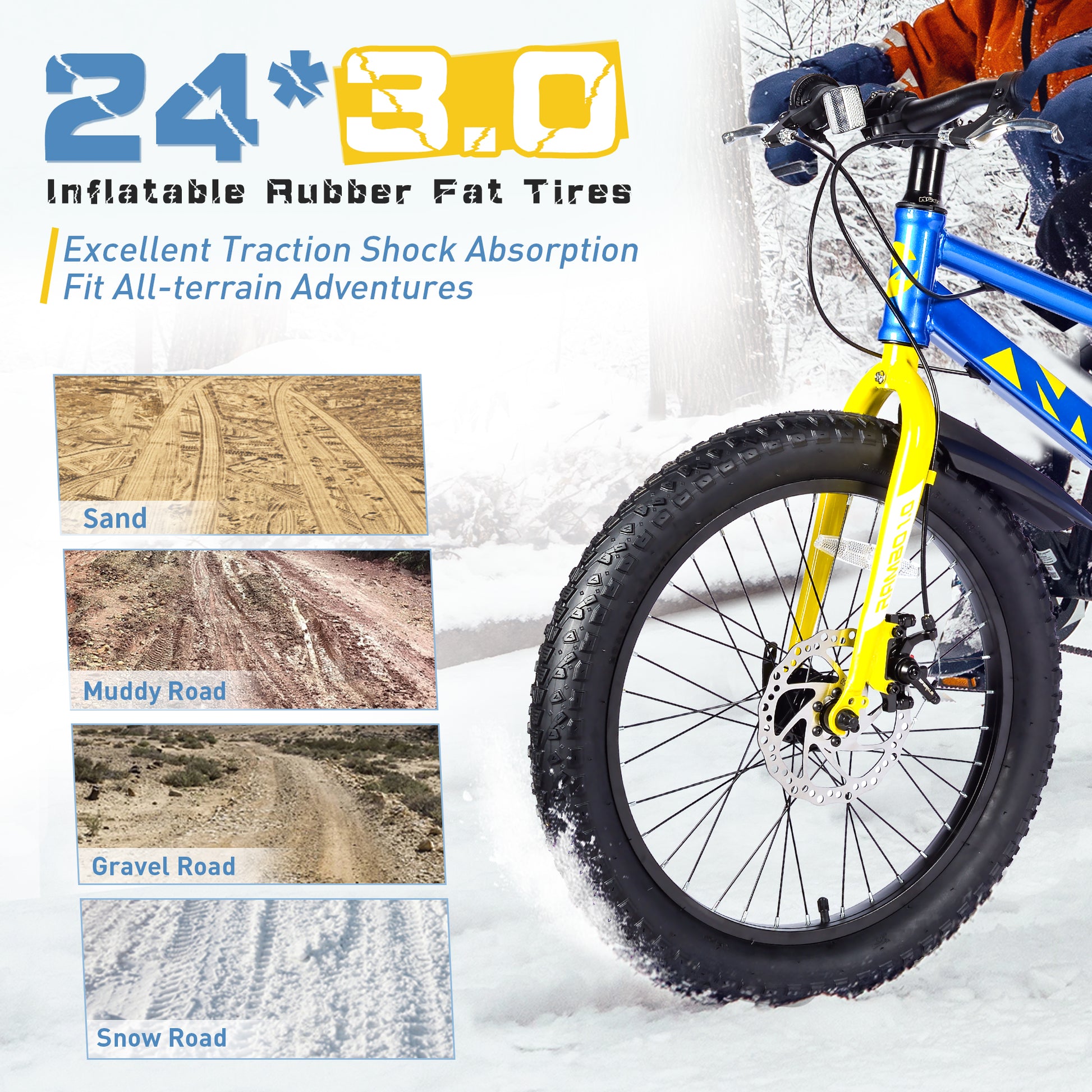 24 Inch Bicyclesfat Tire Mountain Bike For Boys And Girls Age 10 Years ,Dual Disc Brake,Shimano 7 Speed ,Kids Beach And Snow Bicycle Blue Steel