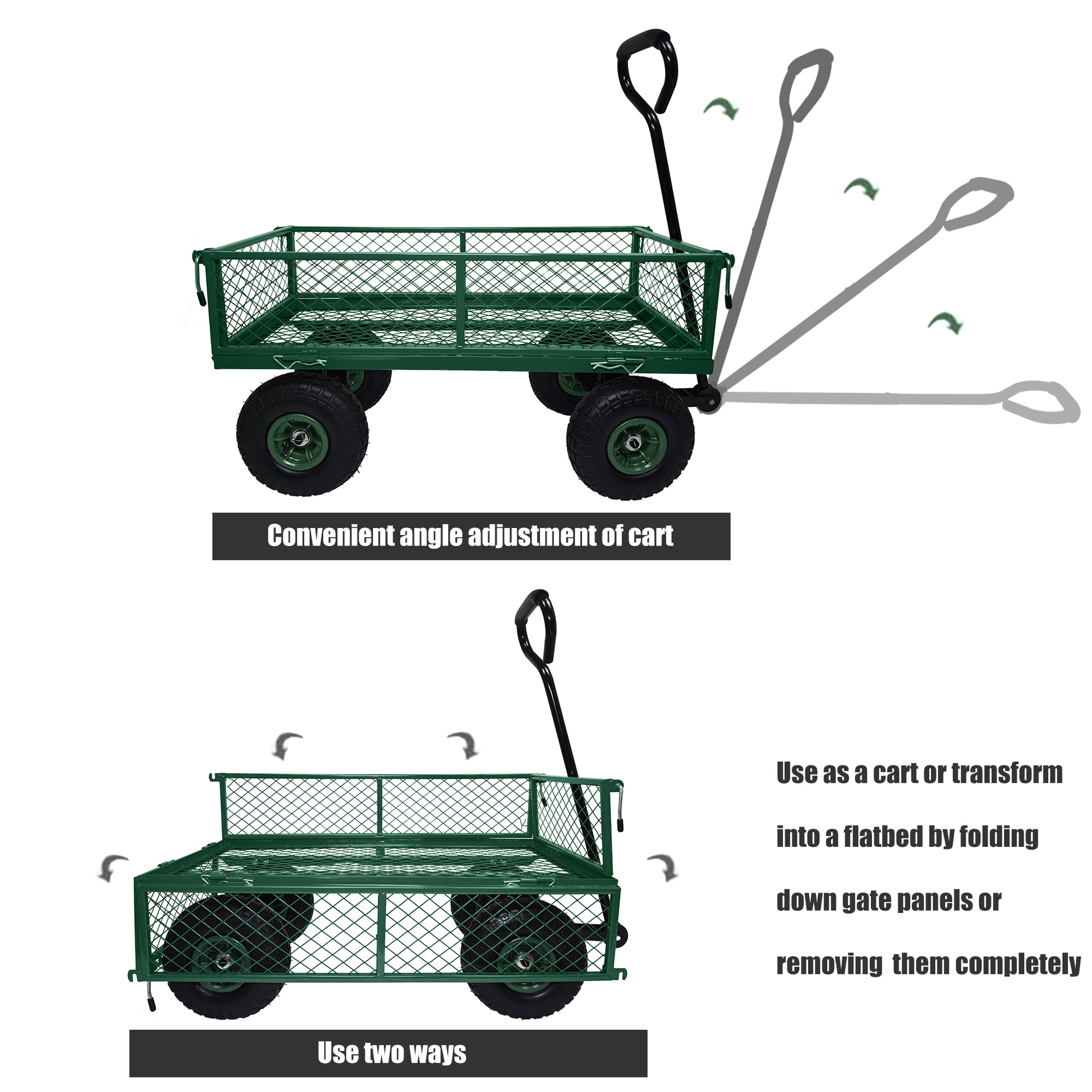 3 Cu. Ft. 300 Lbs. Capacity Removable Sides Metal Steel Mesh Heavy Duty Utility Wagon Outdoor Garden Cart In Green Green Steel