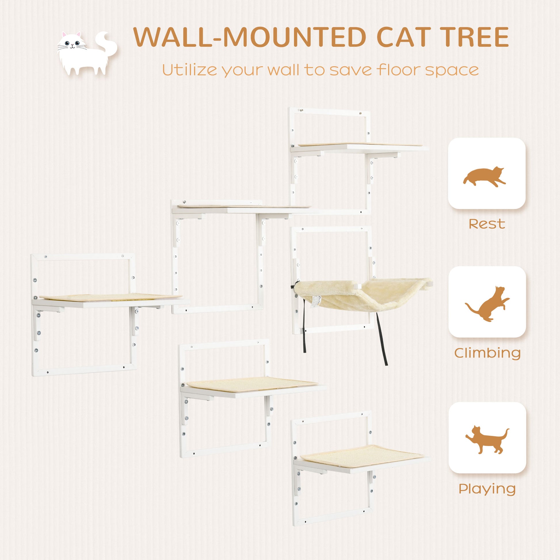 Pawhut 6 Pc Modern Cat Wall Shelves For Indoor Cats, Height Adjustable Jumping Platforms & Cat Hammock, Cat Shelves And Perches For Wall Mounted Cat Tree, Cat Climbing Shelf Set, Cream Cream White Particle Board