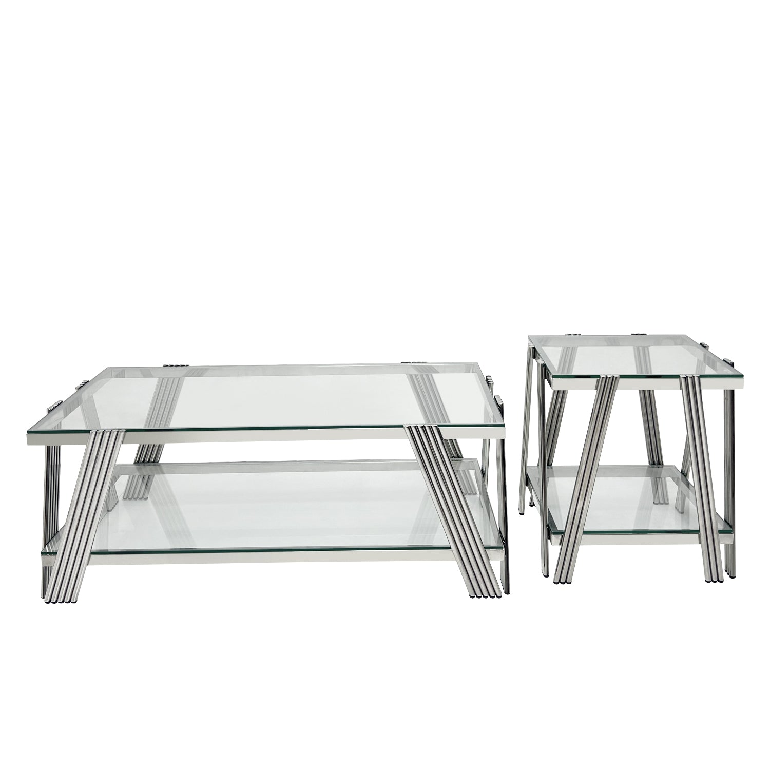 Modern Stainless Steel Coffee Table Set Set Of 2 , Double Layer Clear Tempered Glass Table Top, Coffee Table & End Side Table 2 Pieces Sets For Living Room Home Office, Silver Clear,Silver Modern